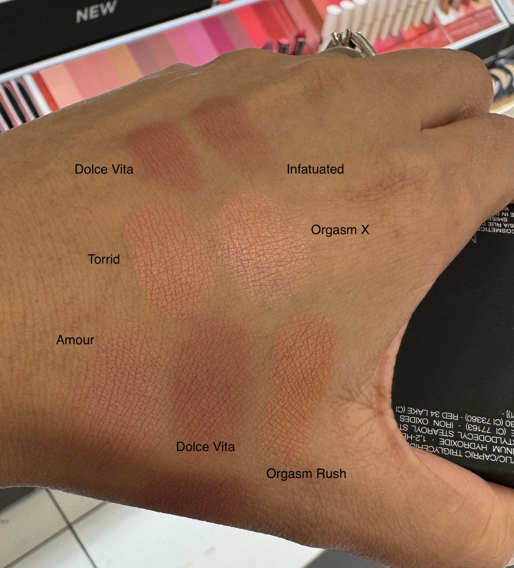 NARS Talc-Free Blush Dolce Vita, Infatuated, Torrid, Orgasm X, Amour, Orgasm Rush Swatches
