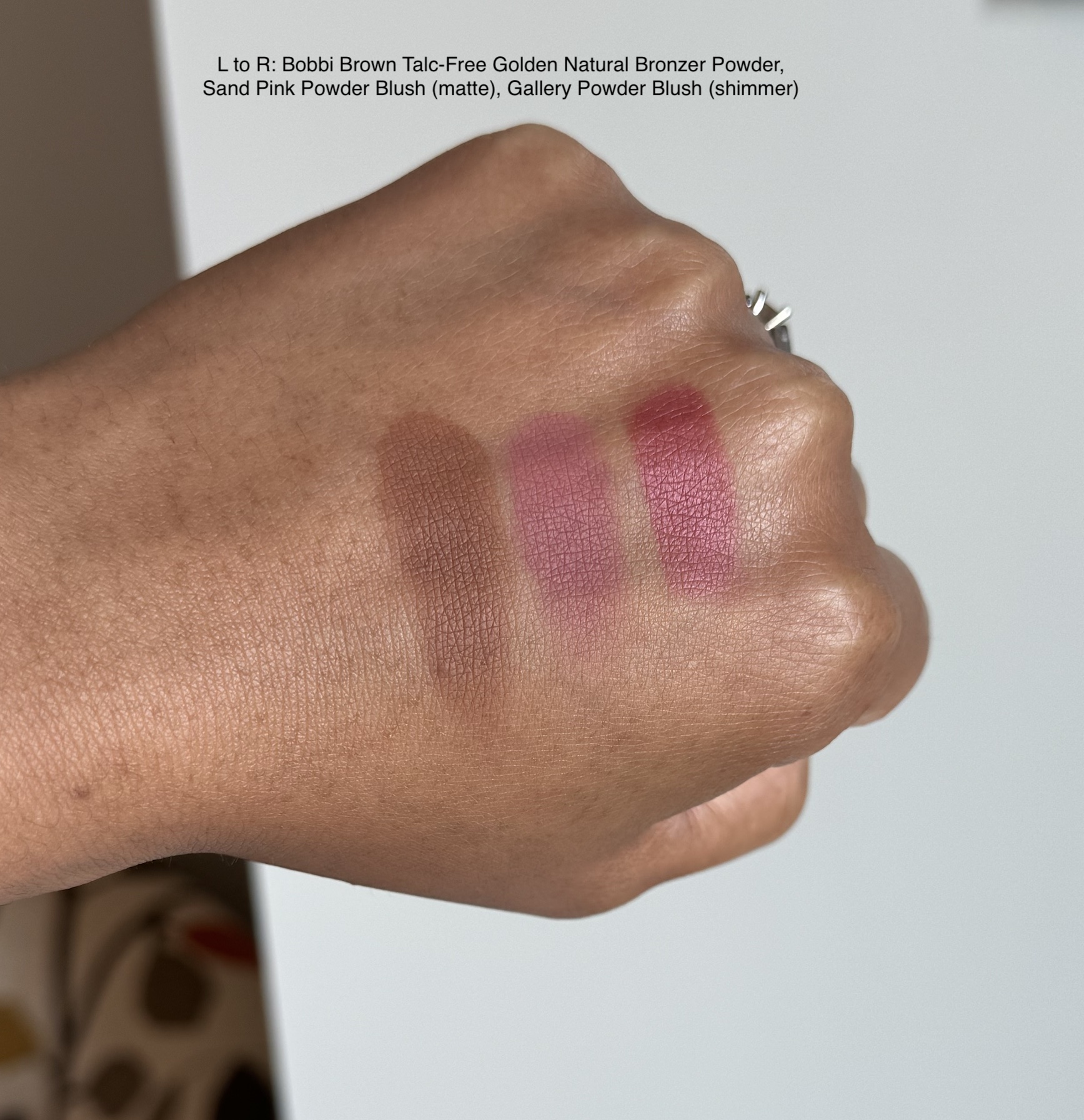 Bobbi Brown Talc-Free Golden Natural Bronzer Powder Swatch, Sand Pink and Gallery Powder Blush Swatches