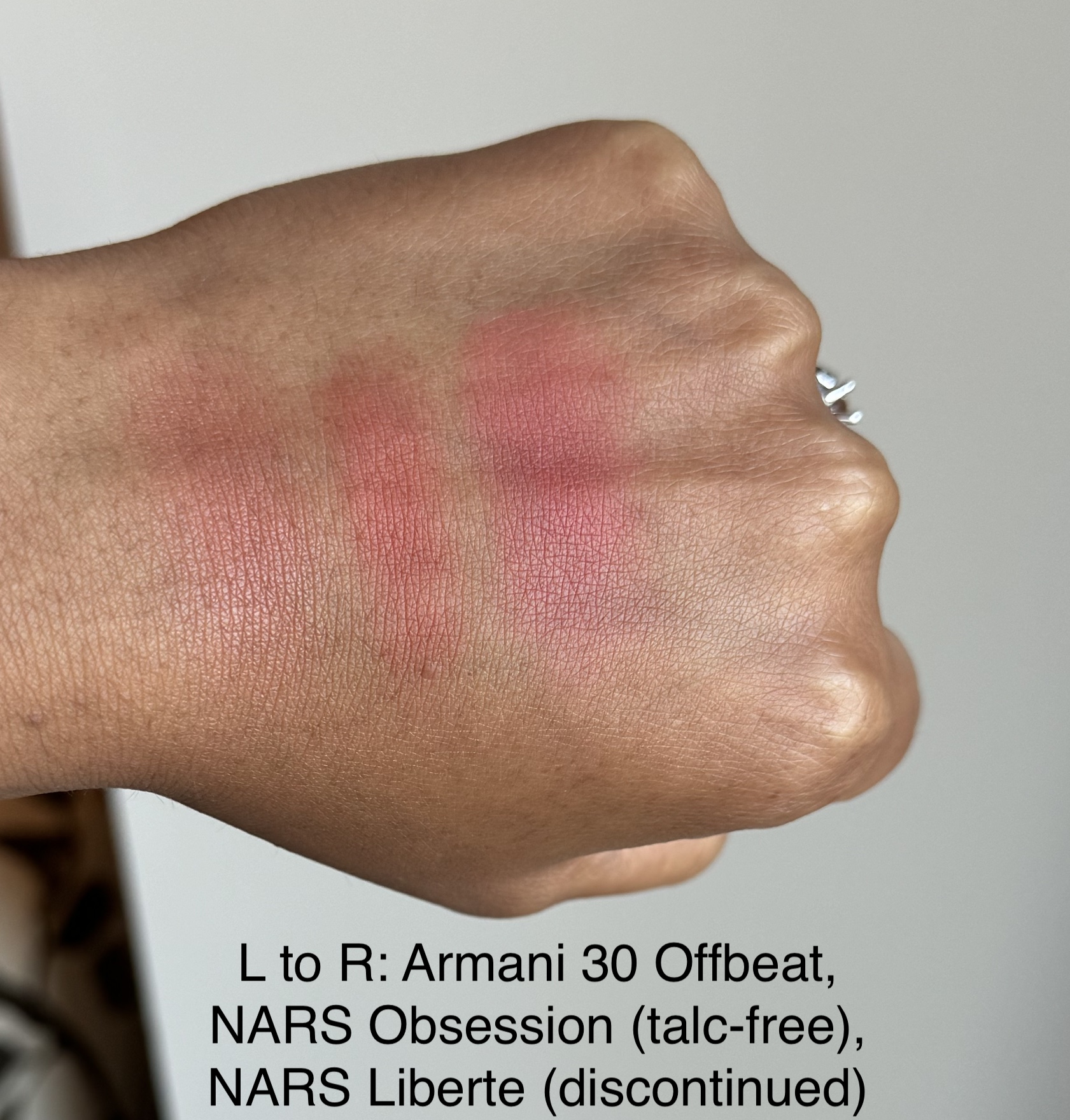 Armani Luminous Silk Glow Blush 30 Offbeat, NARS Obsession, and NARS Liberte Swatches