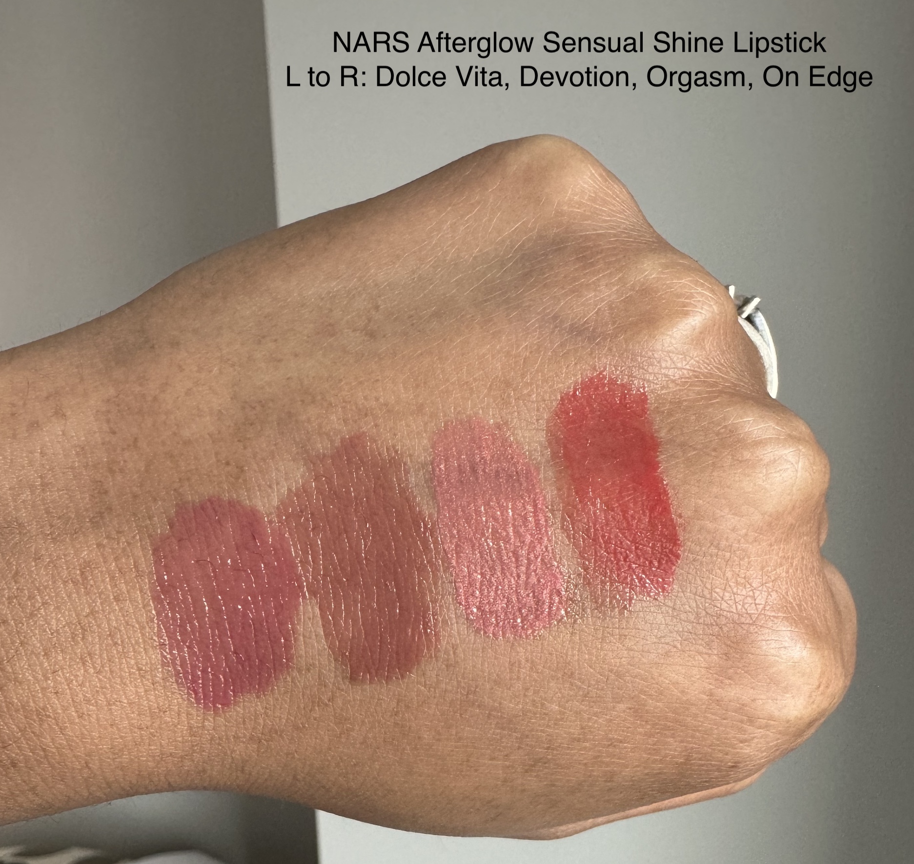 NARS Afterglow Sensual Shine Lipstick Dolce Vita, Devotion, Orgasm, On Edge Swatches