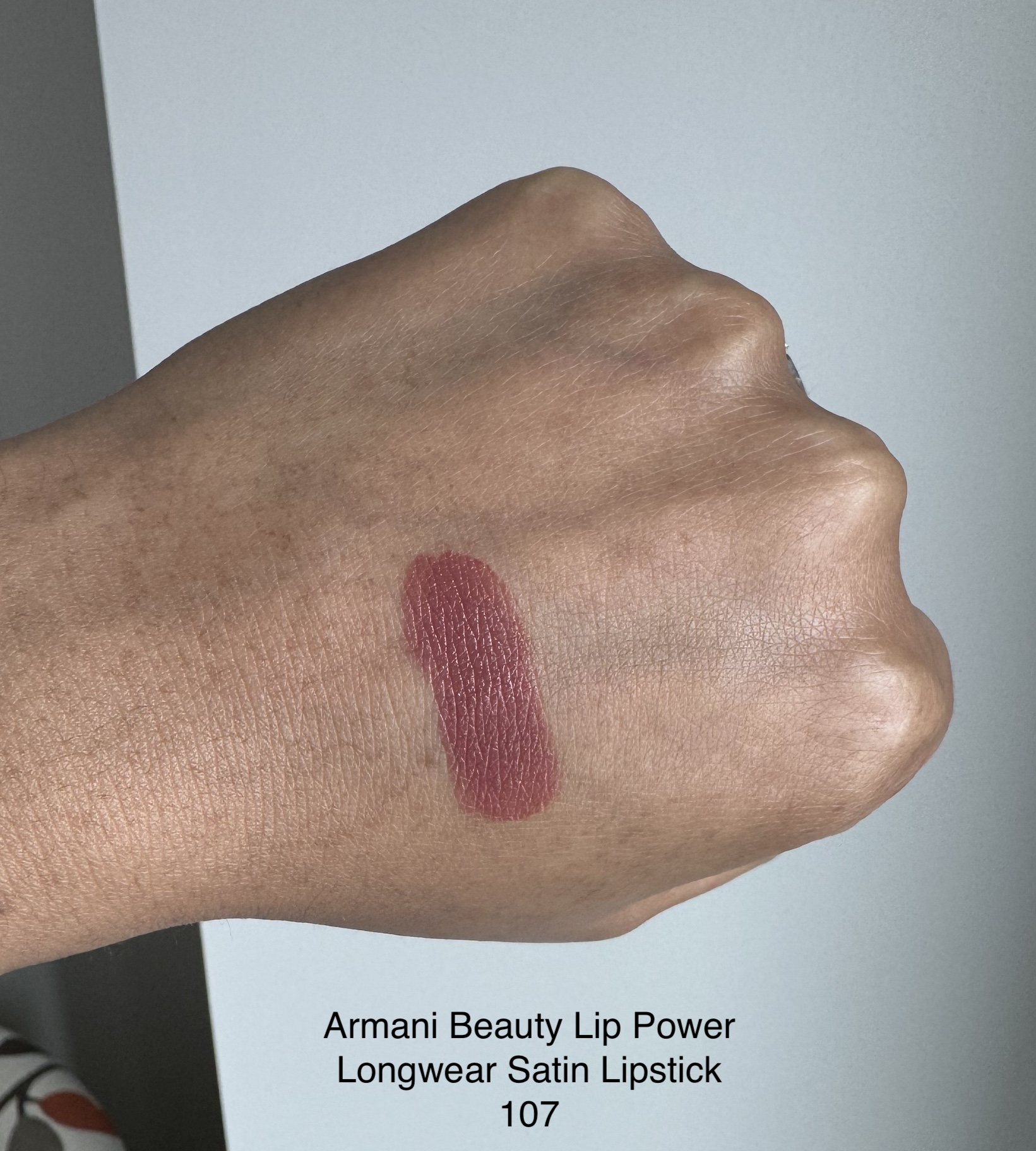 Armani Beauty Lip Power Longwear Satin Lipstick 107 Swatch Medium Dark Skin