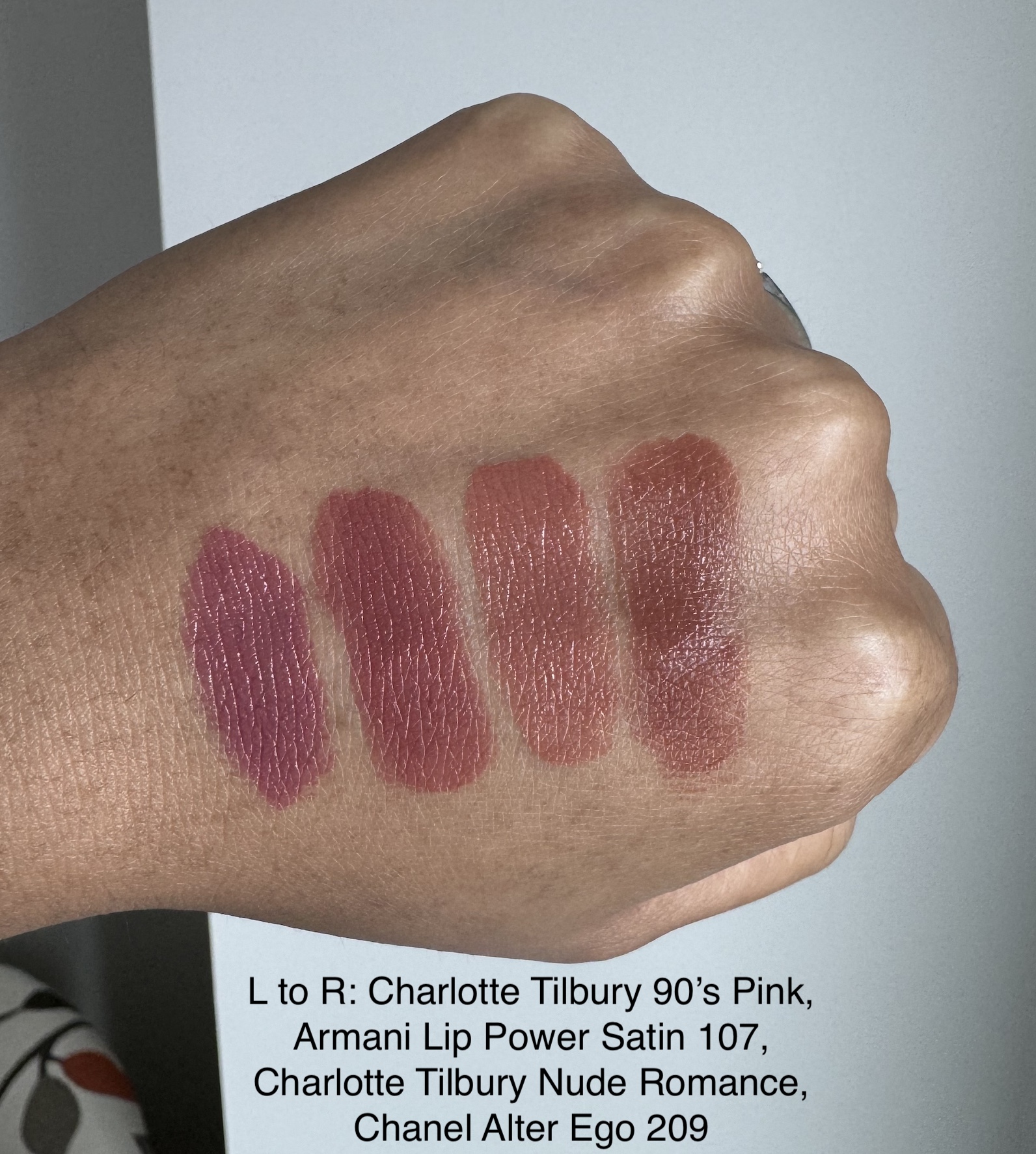 Charlotte Tilbury 90s Pink, Armani Lip Power Satin Lipstick 107, Charlotte Tilbury Nude Romance, and Chanel Alter Ego 209 Swatches Medium Dark Skin