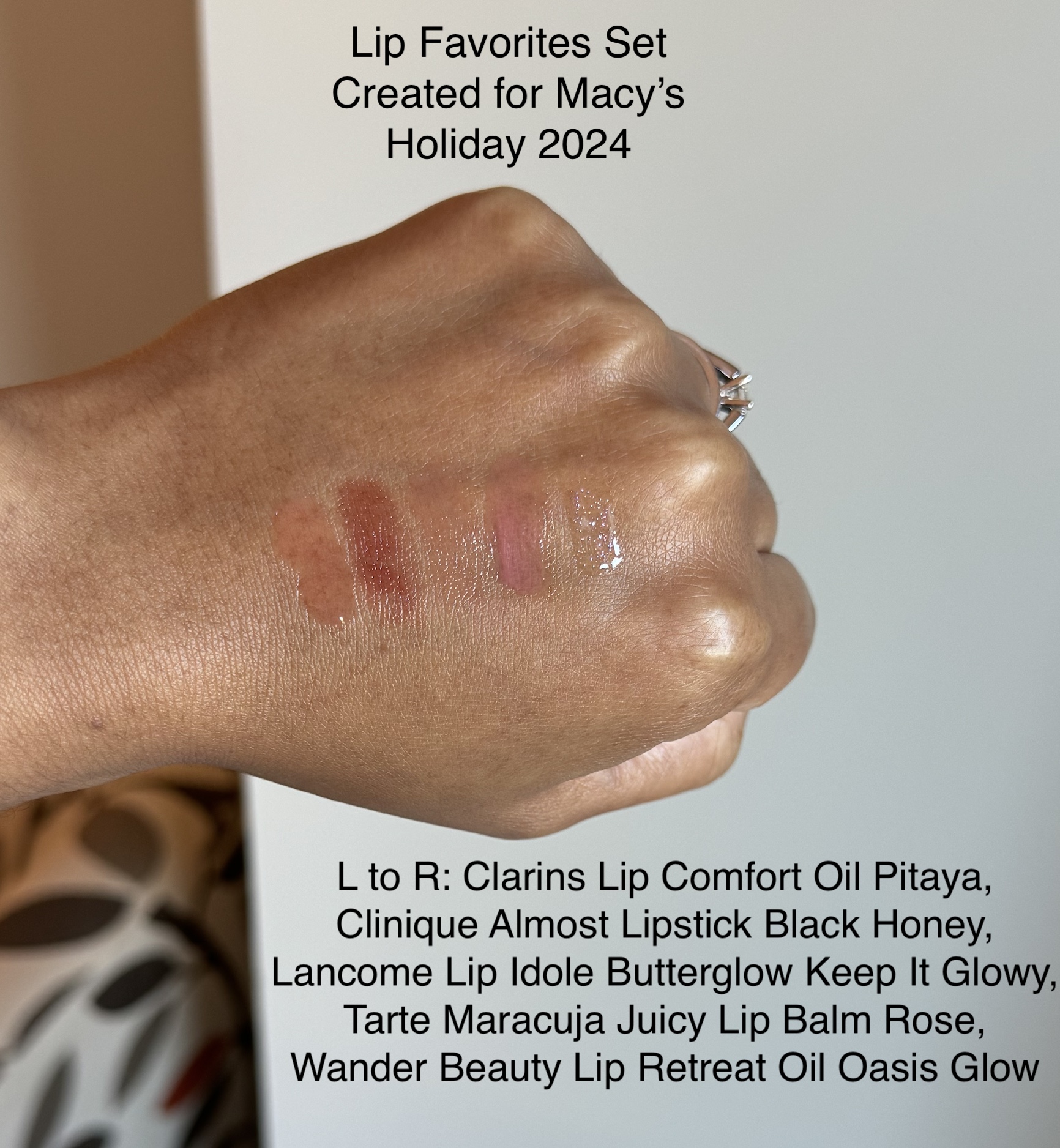 Clarins Lip Comfort Oil Pitaya, Clinique Almost Lipstick Black Honey, Lancome Lip Idole Butterglow Keep It Glowy, Tarte Maracuja Juicy Lip Balm Rose, and Wander Beauty Lip Retreat Oil Oasis Glow Swatches