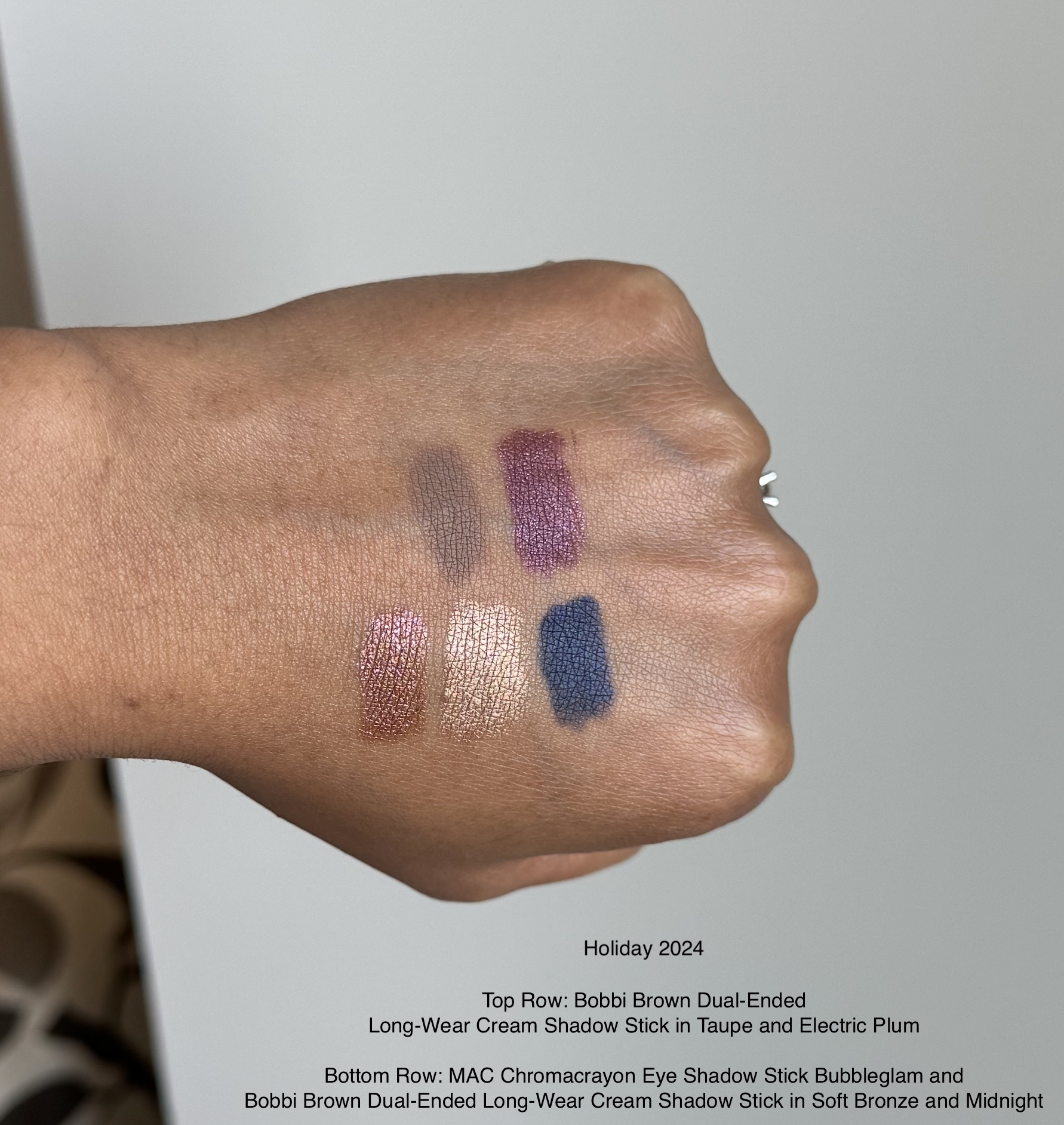 MAC Chromacrayon Bubbleglam Eye Shadow Stick and Bobbi Brown Dual Ended Long Wear Cream Shadow Sticks Electric Plum, Taupe, Soft Bronze, Midnight Swatches Medium Dark Skin