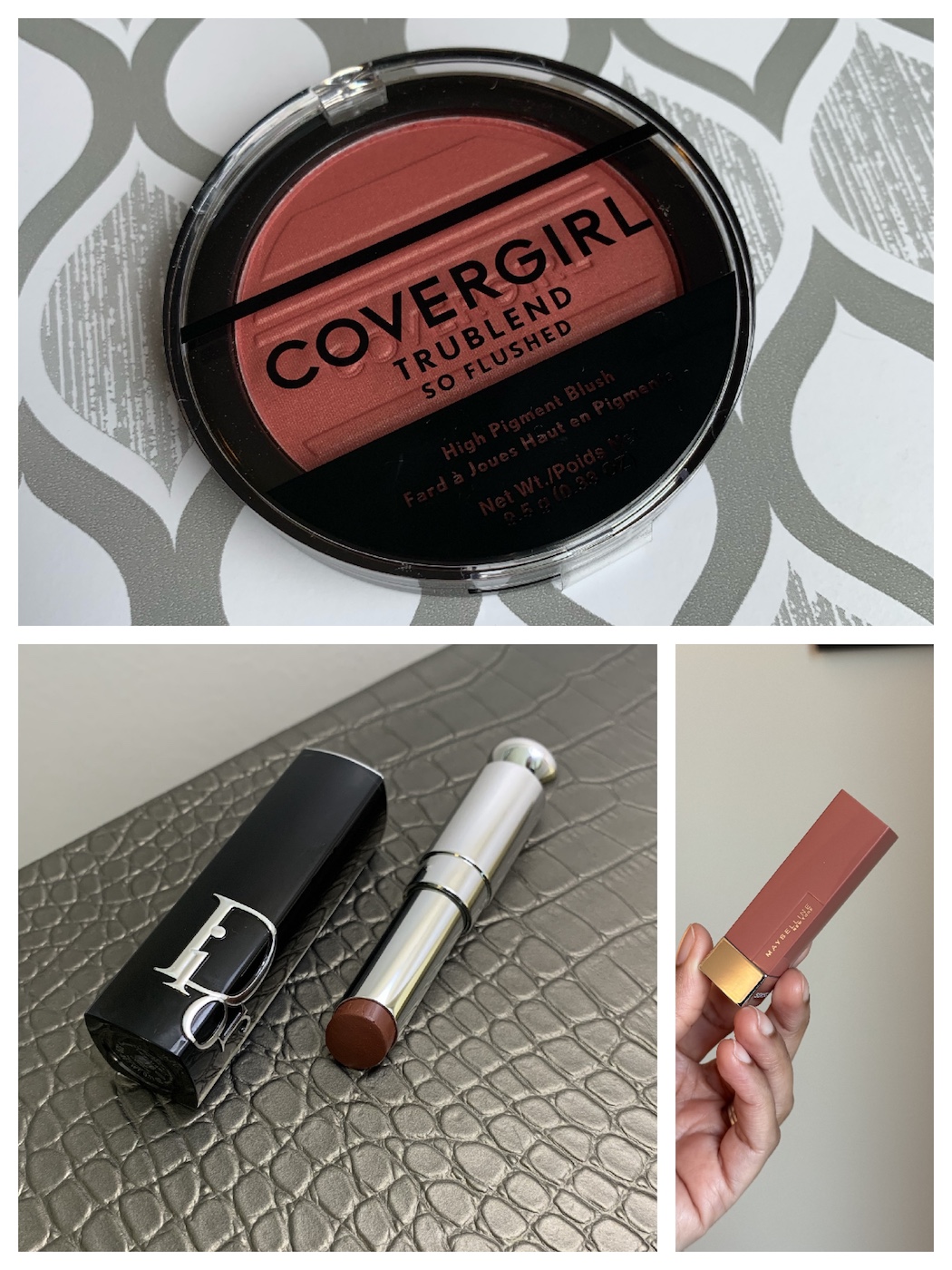 Covergirl Sweet Seduction Blush, Maybelline Mauve for Me Lipstick, and Dior Addict Shine 716 Dior Cannage Lipstick Swatches