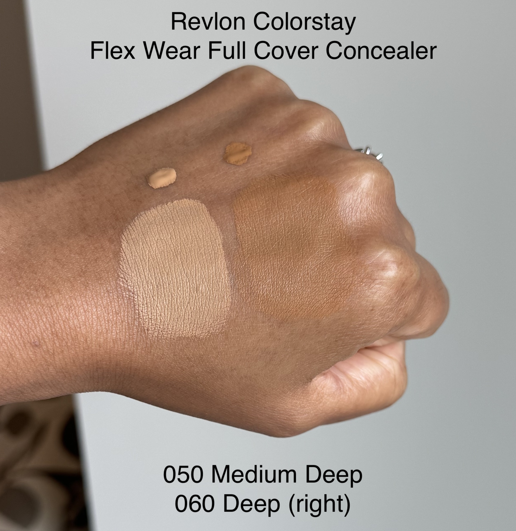 Revlon Flex Wear Full Cover Concealer Medium Deep (050) and Deep (060) Swatches Medium Dark Skin
