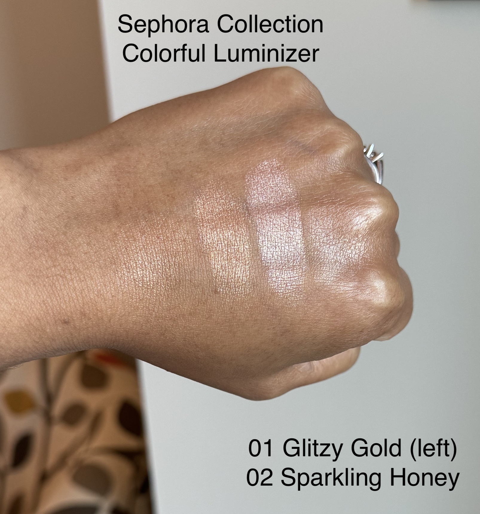 Sephora Collection Colorful Luminizer 01 Glitzy Gold and 02 Sparkling Honey Swatches Medium Dark Skin
