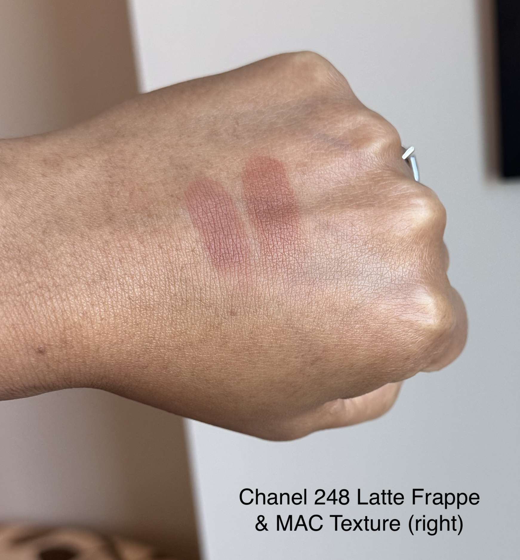 Chanel Ombre Essentielle 248 Latte Frappe and MAC Texture Eyeshadow Swatches Medium Dark Skin