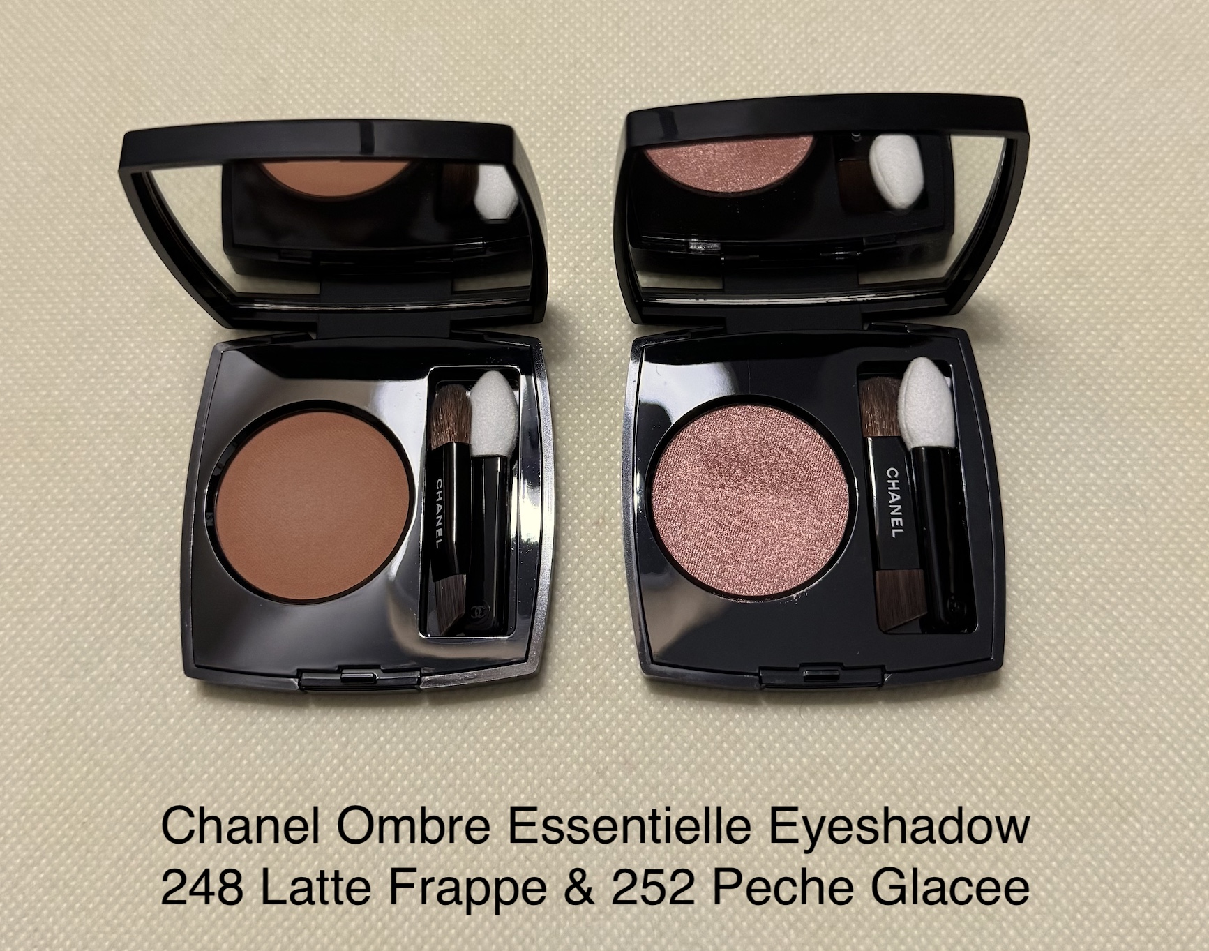 Chanel Ombre Essentielle Eyeshadows 248 Latte Frappe and 252 Peche Glacee Swatches Medium Dark Skin