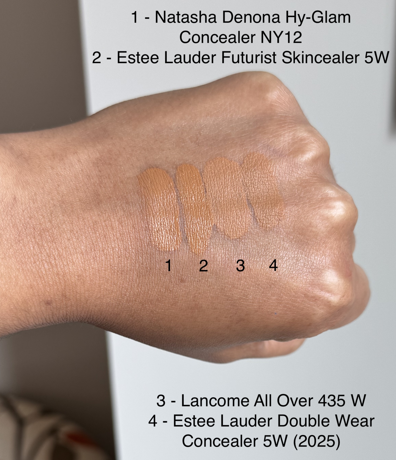 Natasha Denona Hy-Glam Concealer NY12, Estee Lauder Futurist Skincealer 5W, Lancome All Over 435W, Estee Lauder Double Wear Concealer 5W Swatches