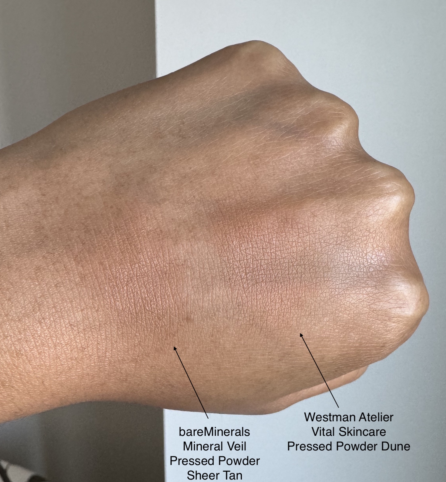 bareMinerals Mineral Veil Talc-Free Pressed Powder Sheer Tan and Westman Atelier Vital Skincare Pressed Powder Dune Swatches