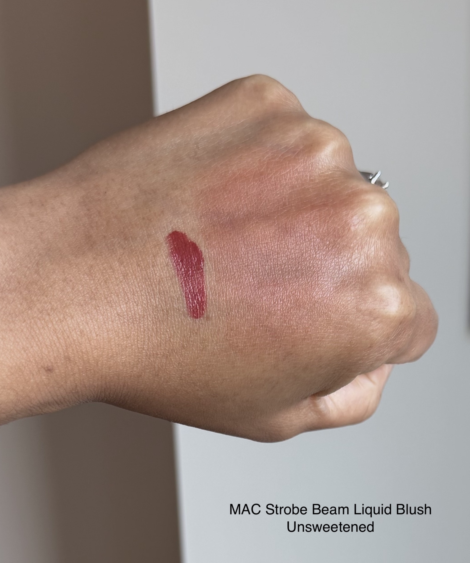 MAC Strobe Beam Liquid Blush Unsweetened Swatch Medium Dark Skin