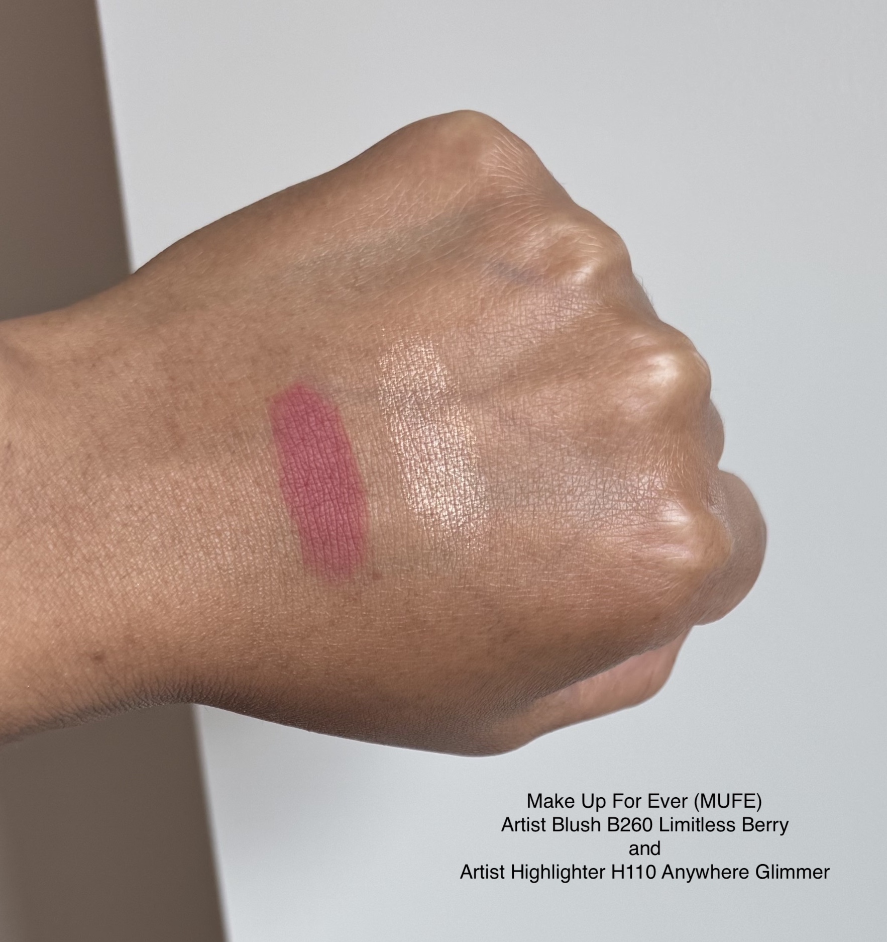 Makeup Forever (MUFE) Artist Highlighter H110 Anywhere Glimmer Artist Blush B260 Limitless Berry Swatches Medium Dark Skin