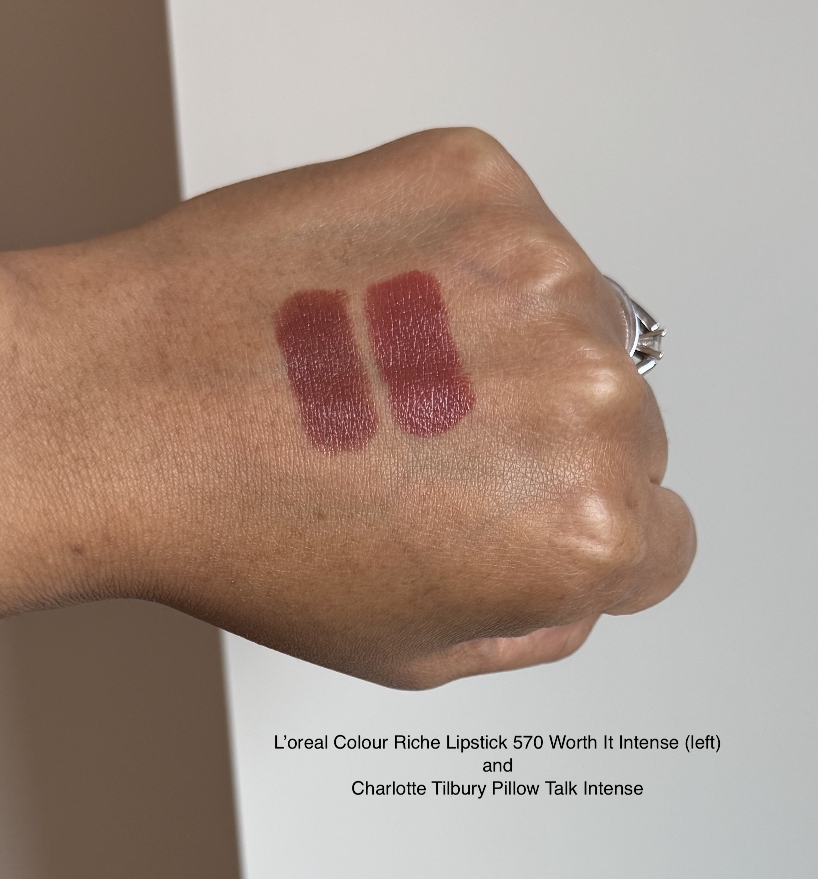 L'oreal Worth It Intense (570) Colour Riche Lipsticks and Charlotte Tilbury Pillow Talk Intense Swatches