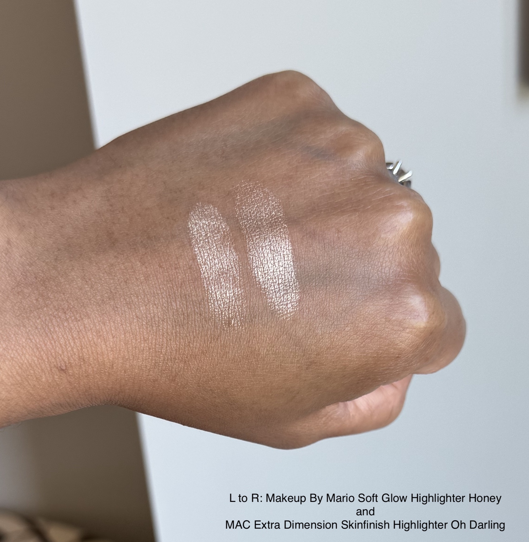 Makeup By Mario Soft Glow Highlighter Honey vs MAC Extra Dimension Highlighter Oh Darling Swatches Medium Dark Skin