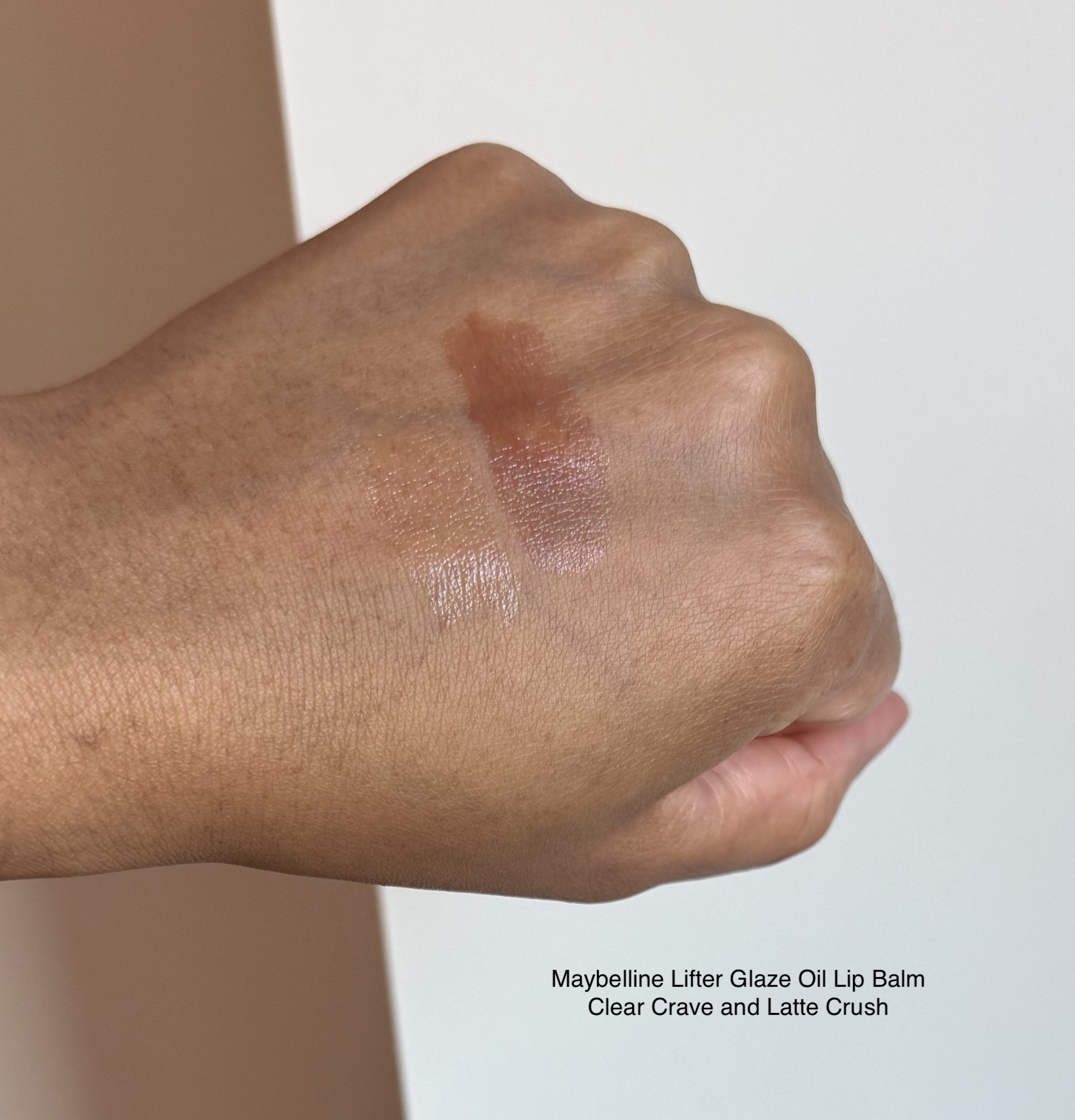 Maybelline Lifter Glaze Oil Lip Balm Clear Crave and Latte Crush Swatches Medium Dark Skin