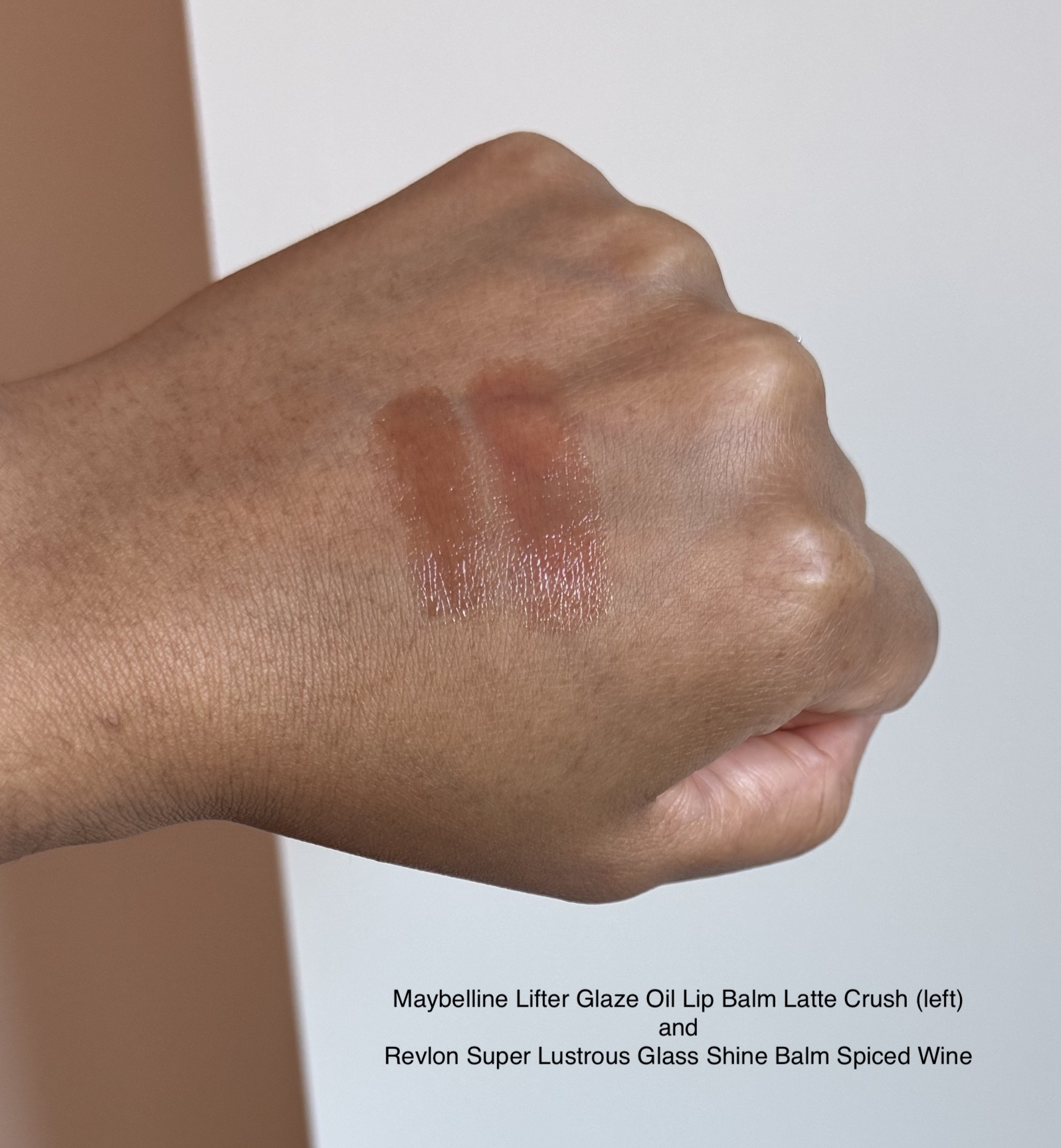 Maybelline Lifter Glaze Oil Lip Balm Latte Crush vs Revlon Super Lustrous Glass Shine Balm Spiced Wine Swatches