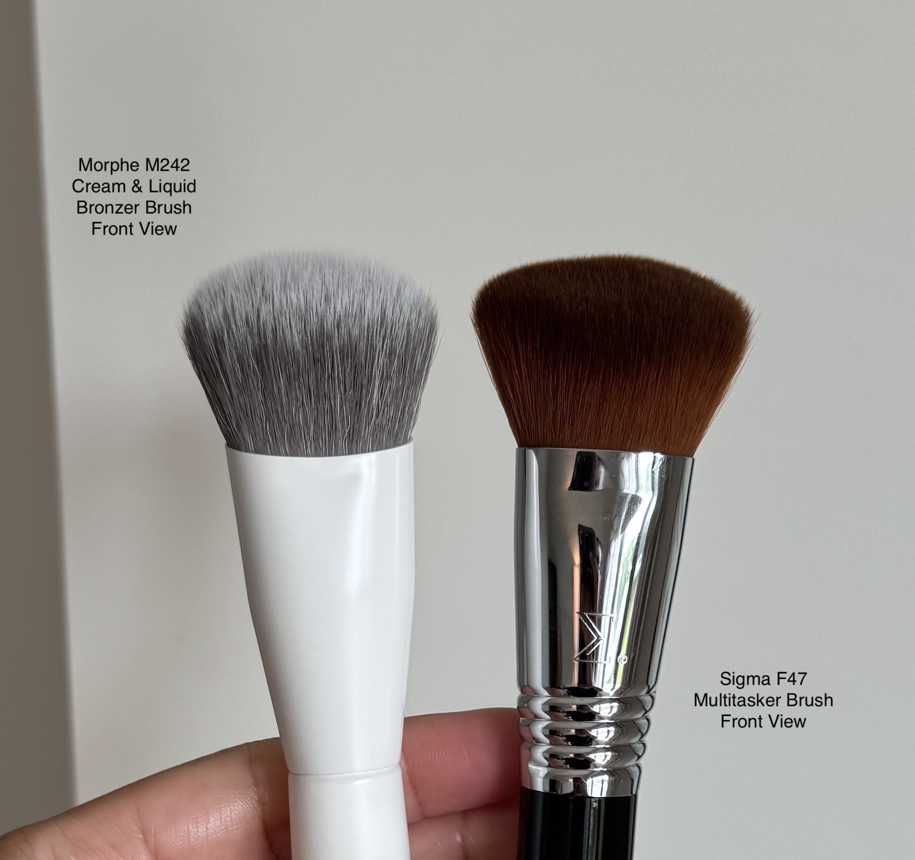 Morphe M242 Slanted Cream Liquid Bronzer Brush Review and Comparison to Sigma F47 Multitasker Brush Front View