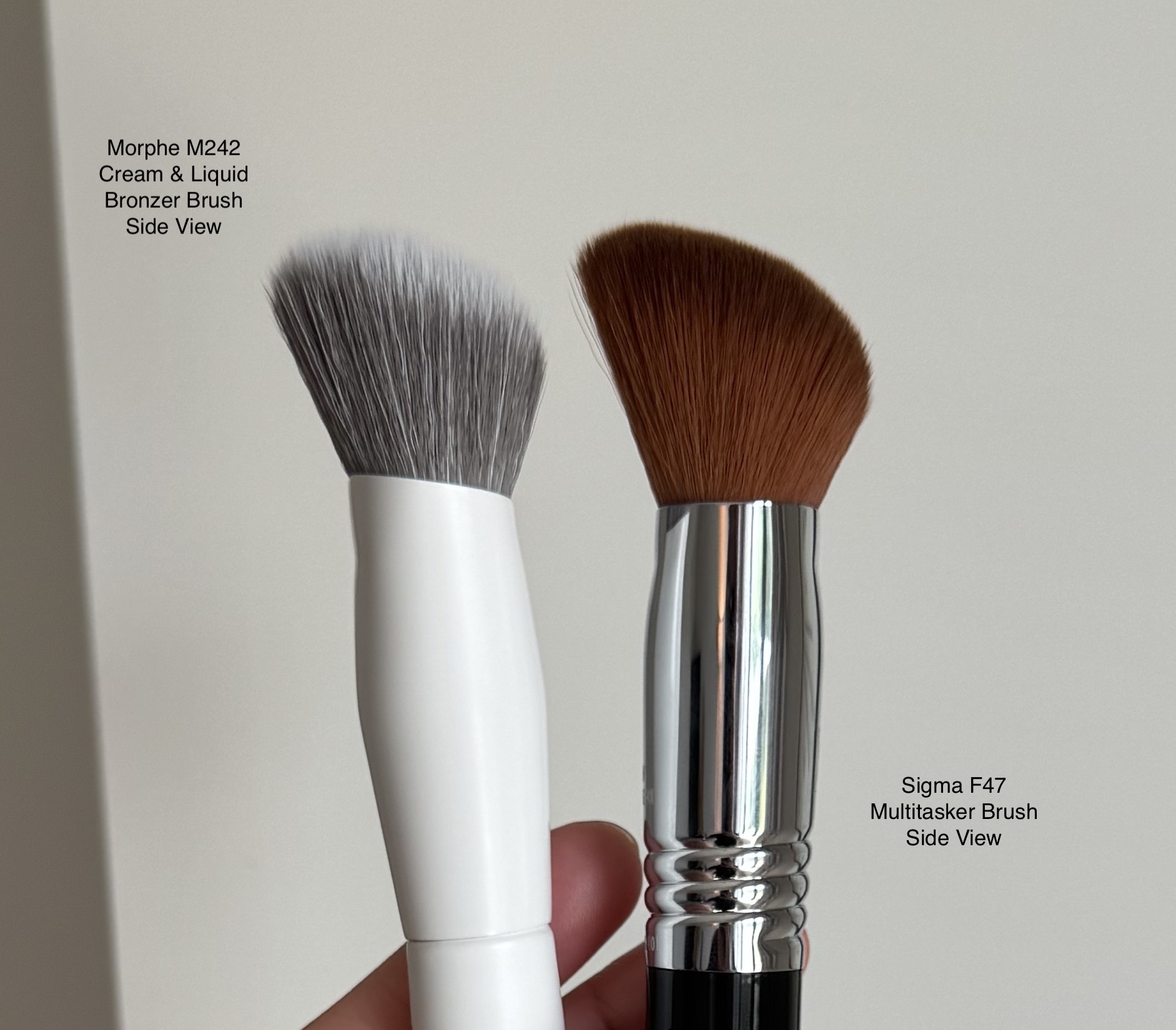 Morphe M242 Slanted Cream Liquid Bronzer Brush Review and Comparison to Sigma F47 Multitasker Brush Side View