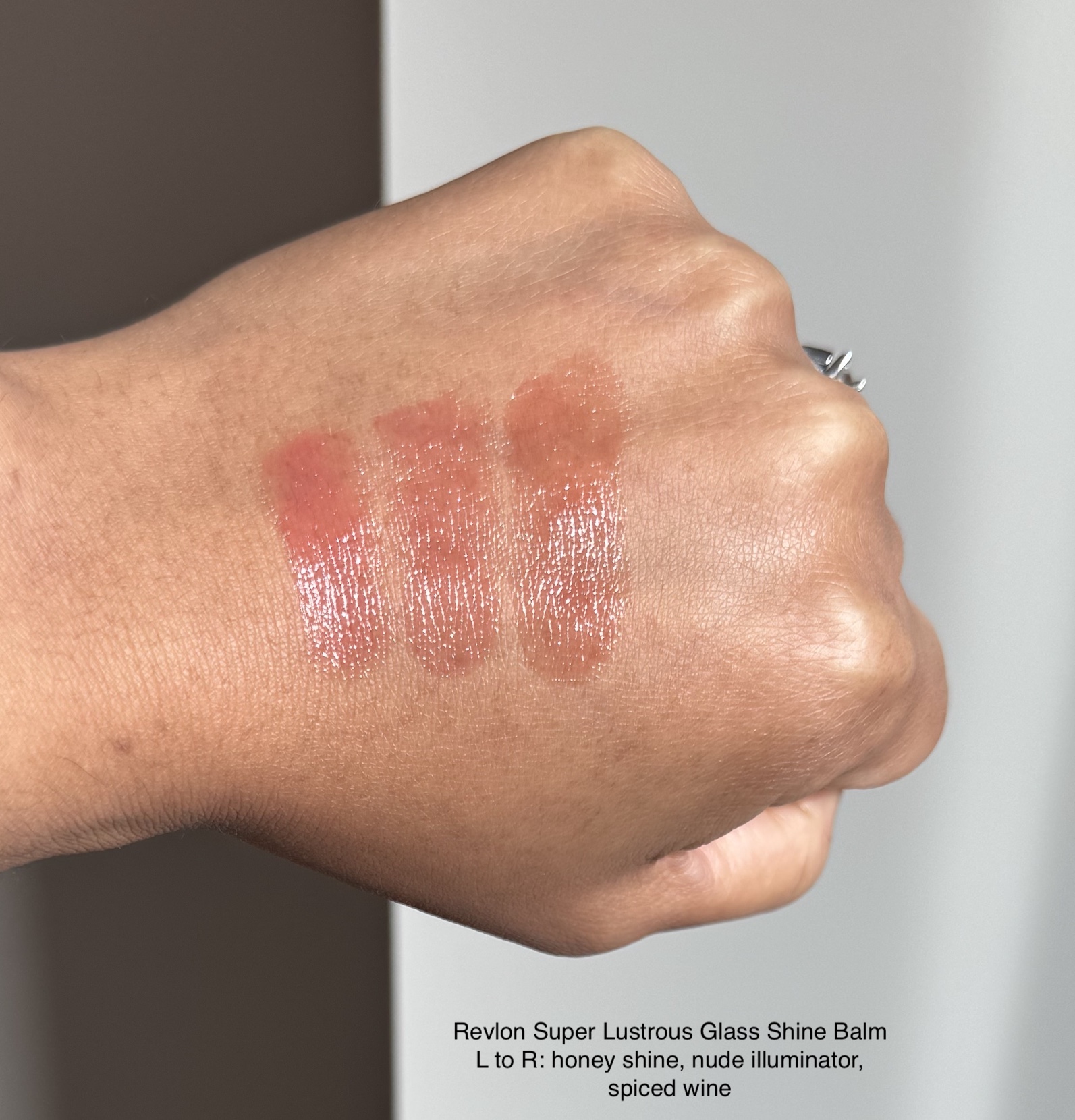 Revlon Super Lustrous Glass Shine Honey Shine, Nude Illuminator, Spiced Wine Swatches