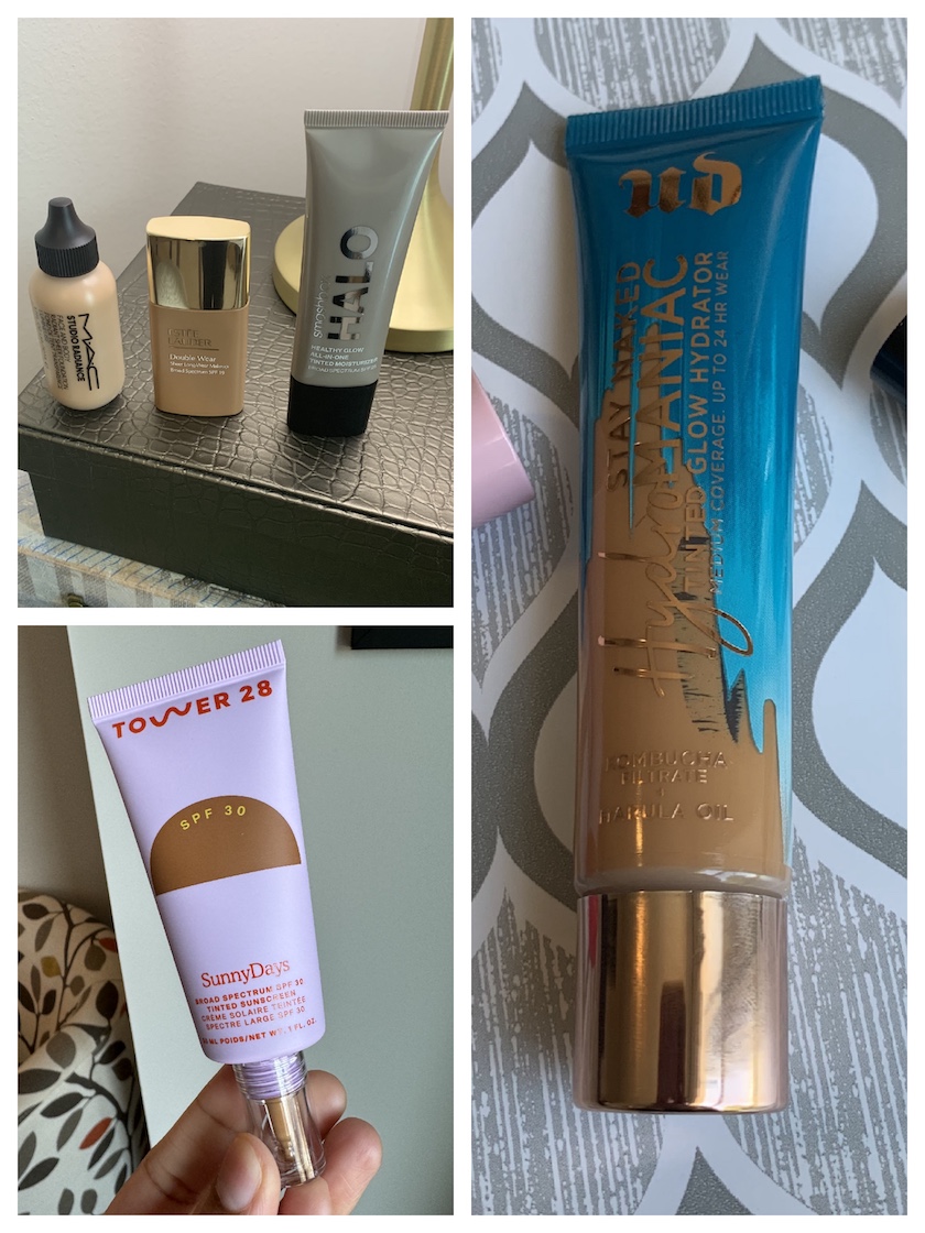 MAC Face and Body, Estee Lauder Double Wear Sheer, Smashbox Halo Healthy Glow Tinted Moisturizer, Urban Decay Hydromaniac Tinted Glow Hydrator, and Tower 28 SunnyDays