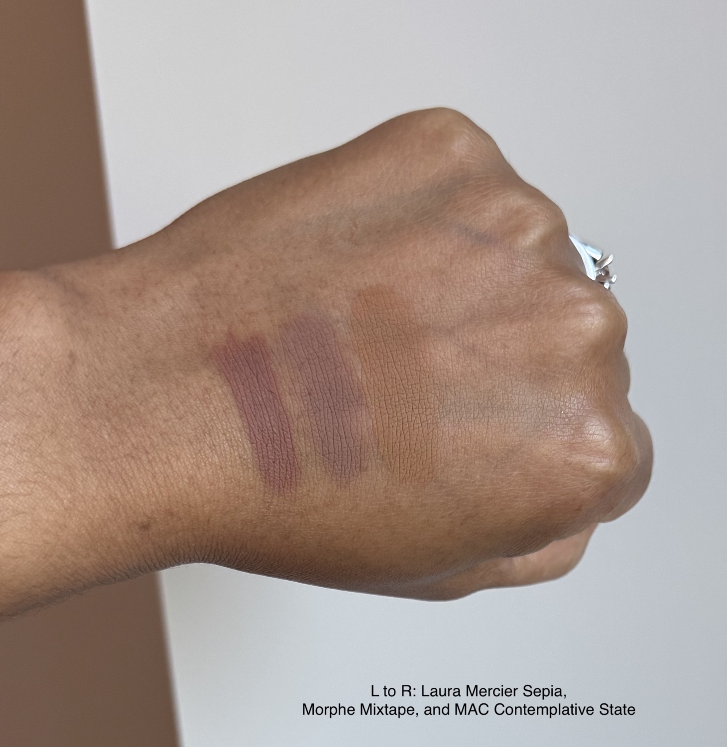 Laura Mercier Caviar Stick Sepia, Morphe Solo Artist Cream Eyeshadow Mixtape, and MAC Paint Pot Contemplative State