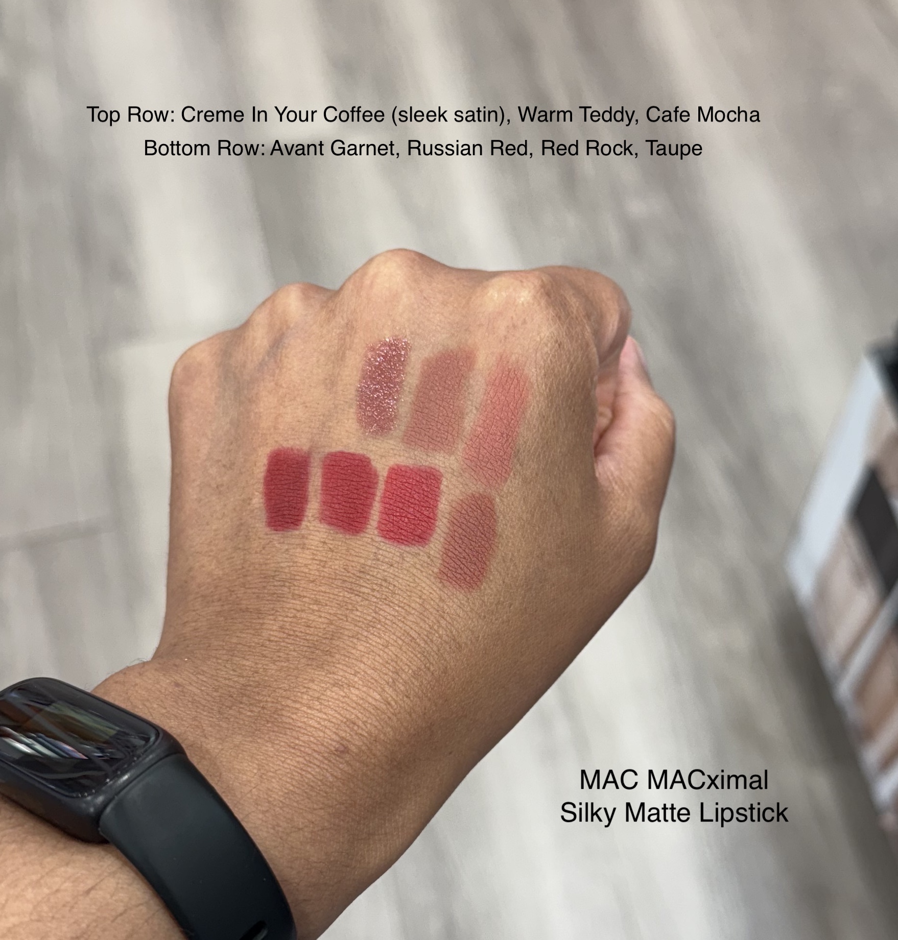 MAC MACximal Silky Matte Lipstick Warm Teddy, Cafe Mocha, Avant Garnet, Russian Red, Red Rock, Taupe, and Sleek Satin in Creme In Your Coffee
