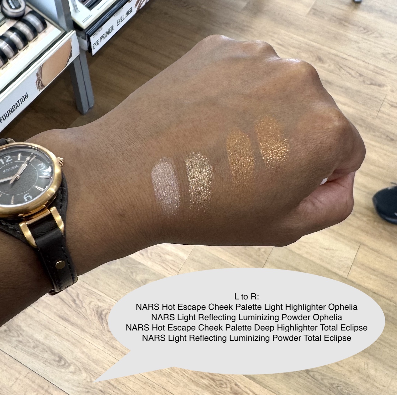 NARS Light Reflecting Luminizing Powder Highlighter Ophelia and Total Eclipse Comparison to NARS Hot Escape Cheek Palettes Swatches