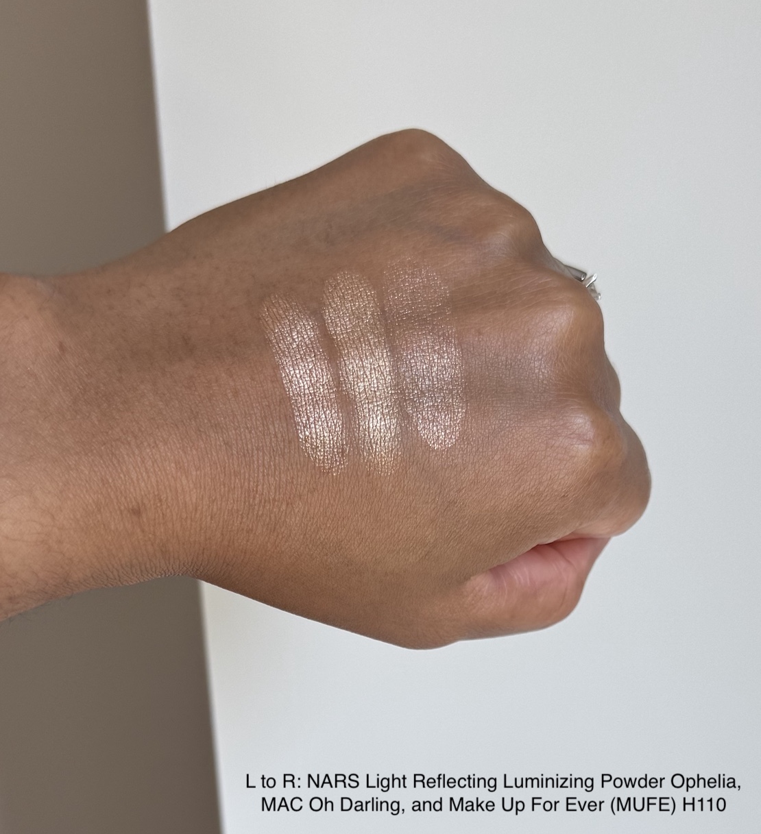 NARS Light Reflecting Luminizing Powder Ophelia, MAC Oh Darling, MUFE H110 Swatches Medium Dark Skin