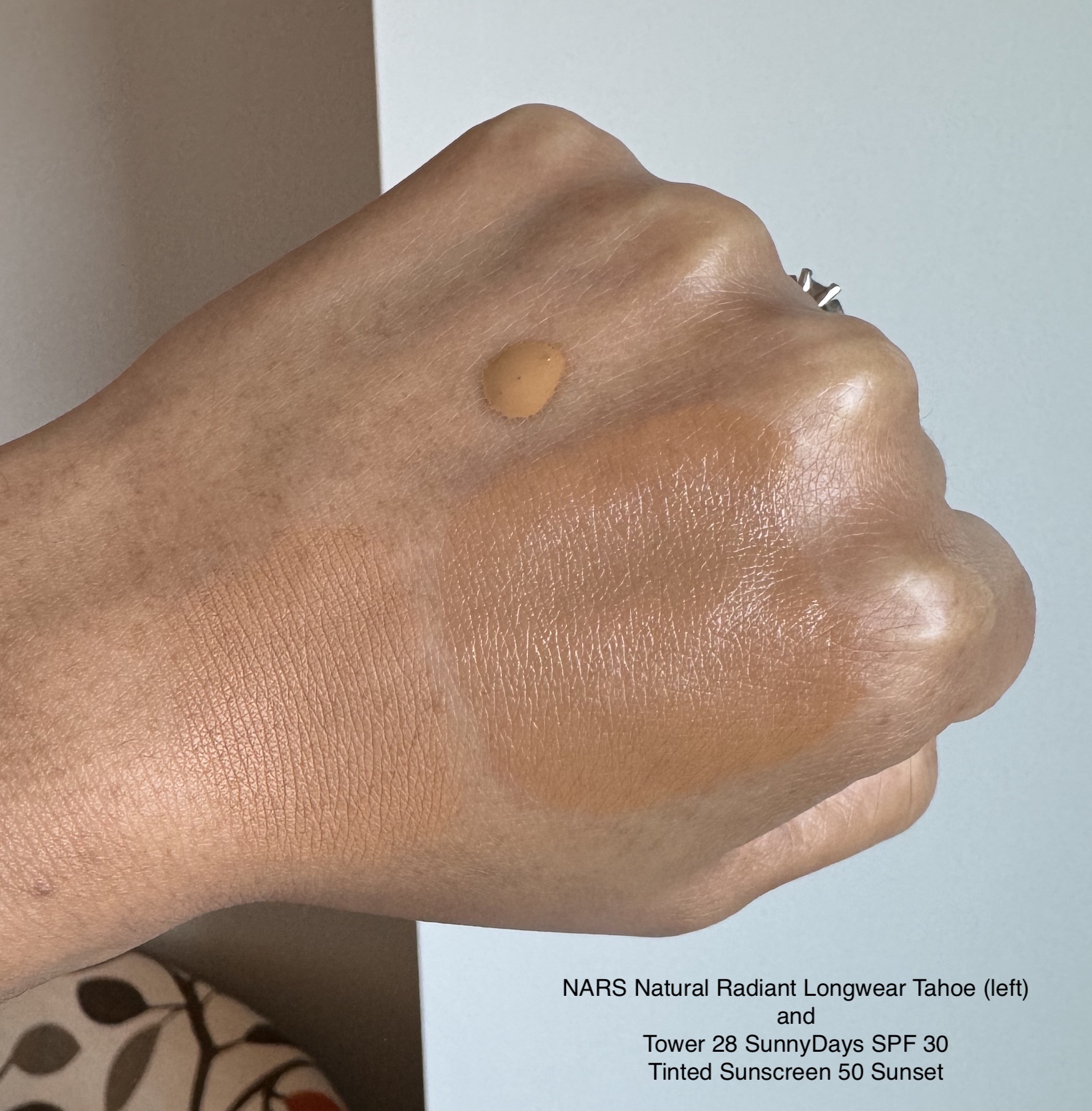NARS Natural Radiant Longwear Foundaiton Tahoe and Tower 28 SunnyDays SPF 30 Tinted Sunscreen 50 Sunset Swatches Medium Dark Skin