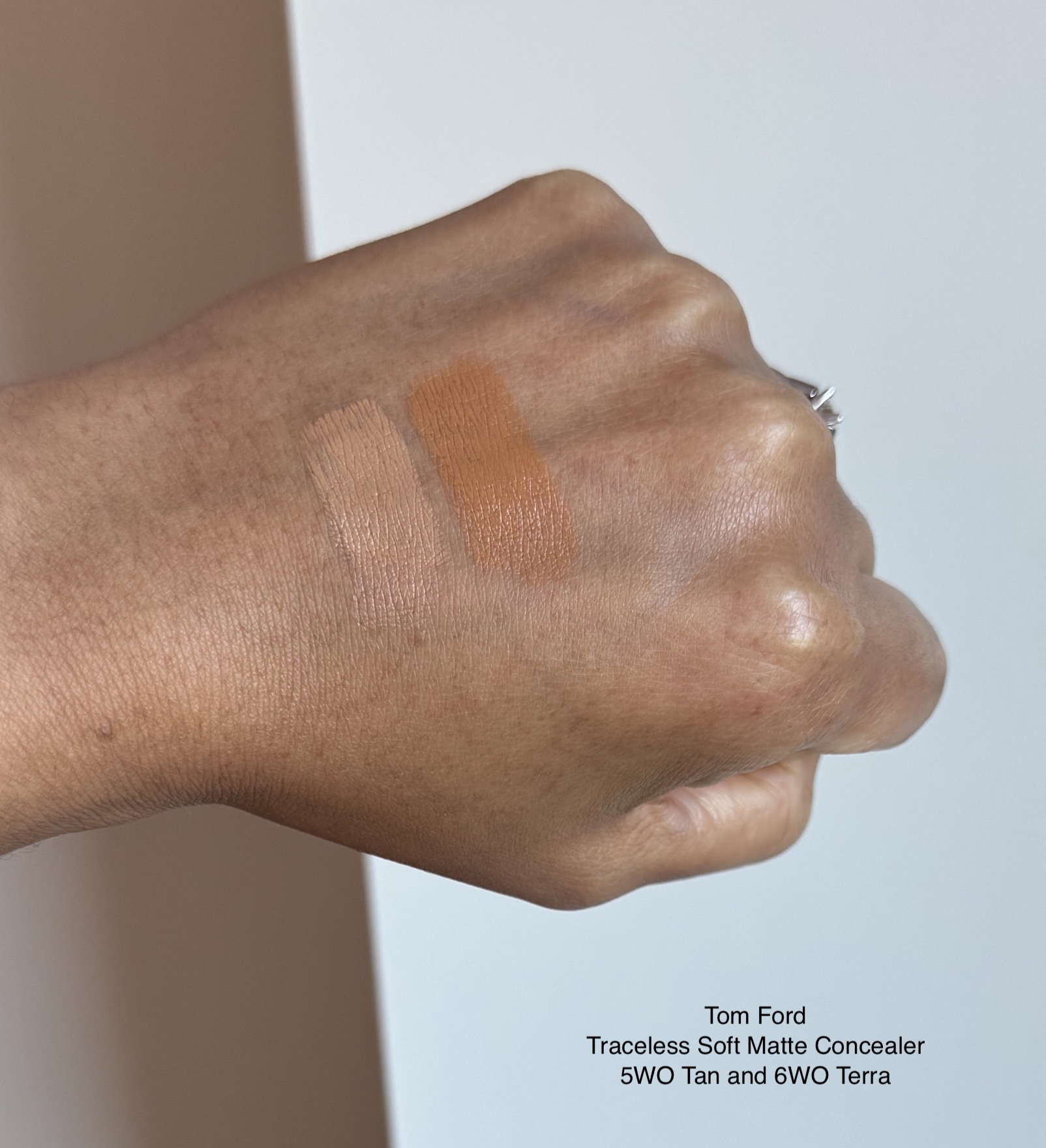 Tom Ford Traceless Soft Matte Concealer 5WO Tan and 6WO Terra Swatches Medium Dark Skin