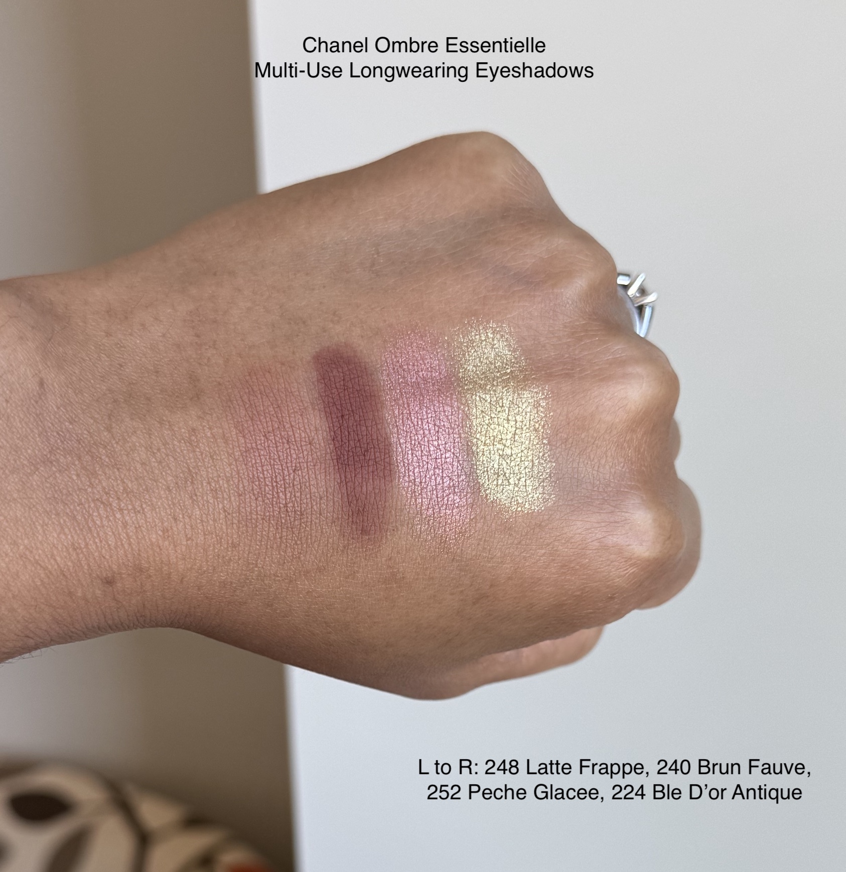 Chanel Ombre Essentielle Eyeshadows 248 Latte Frappe, 240 Brun Fauve, 252 Peche Glacee, and 224 Ble D'or Antique Swatches Medium Dark Skin