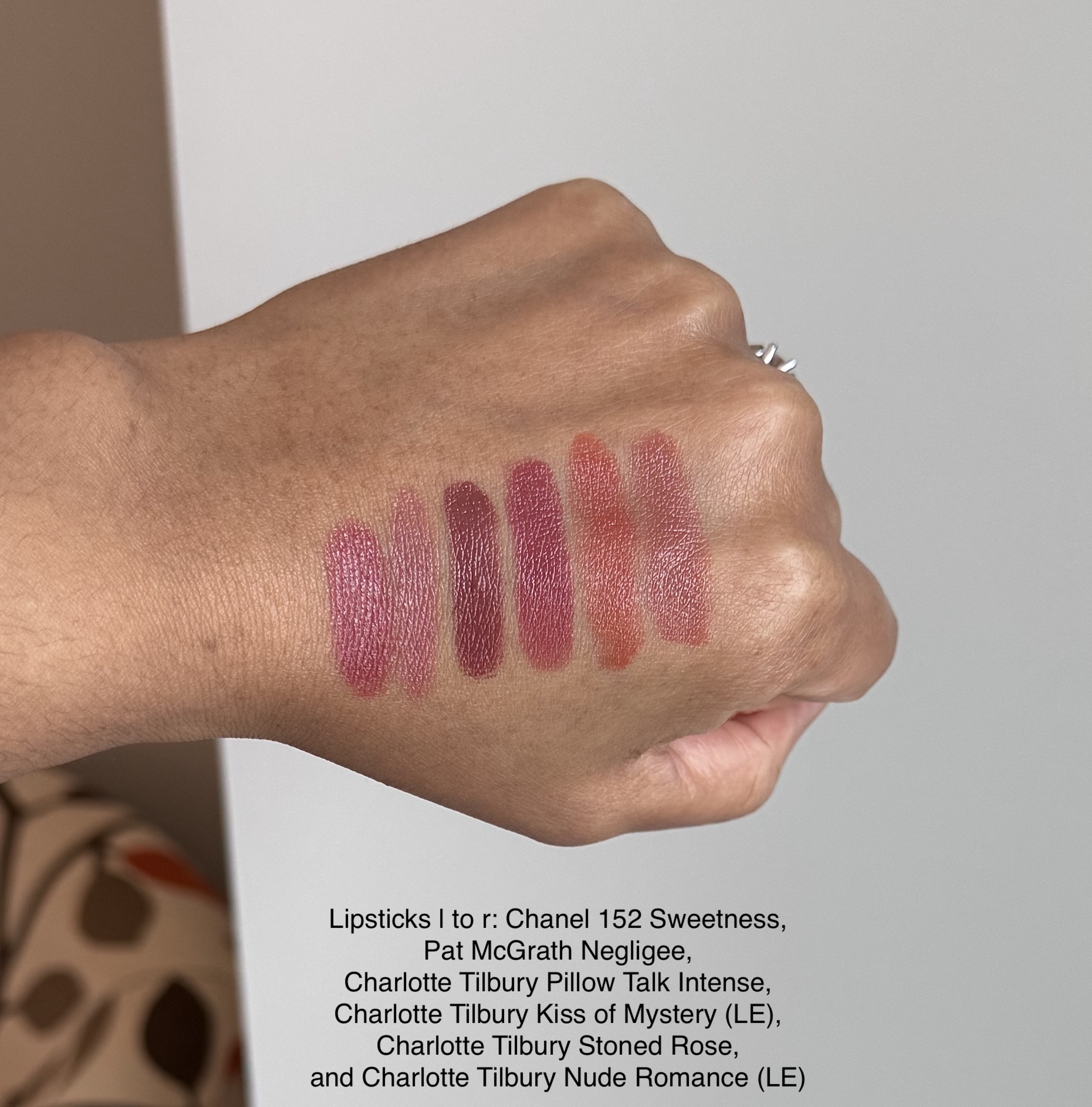 Lipstick Swatches: Chanel 152 Sweetness, Pat McGrath Negligee, Charlotte Tilbury Pillow Talk Intense, Charlotte Tilbury Kiss of Mystery, Charlotte Tilbury Stoned Rose, and Charlotte Tilbury Nude Romance
