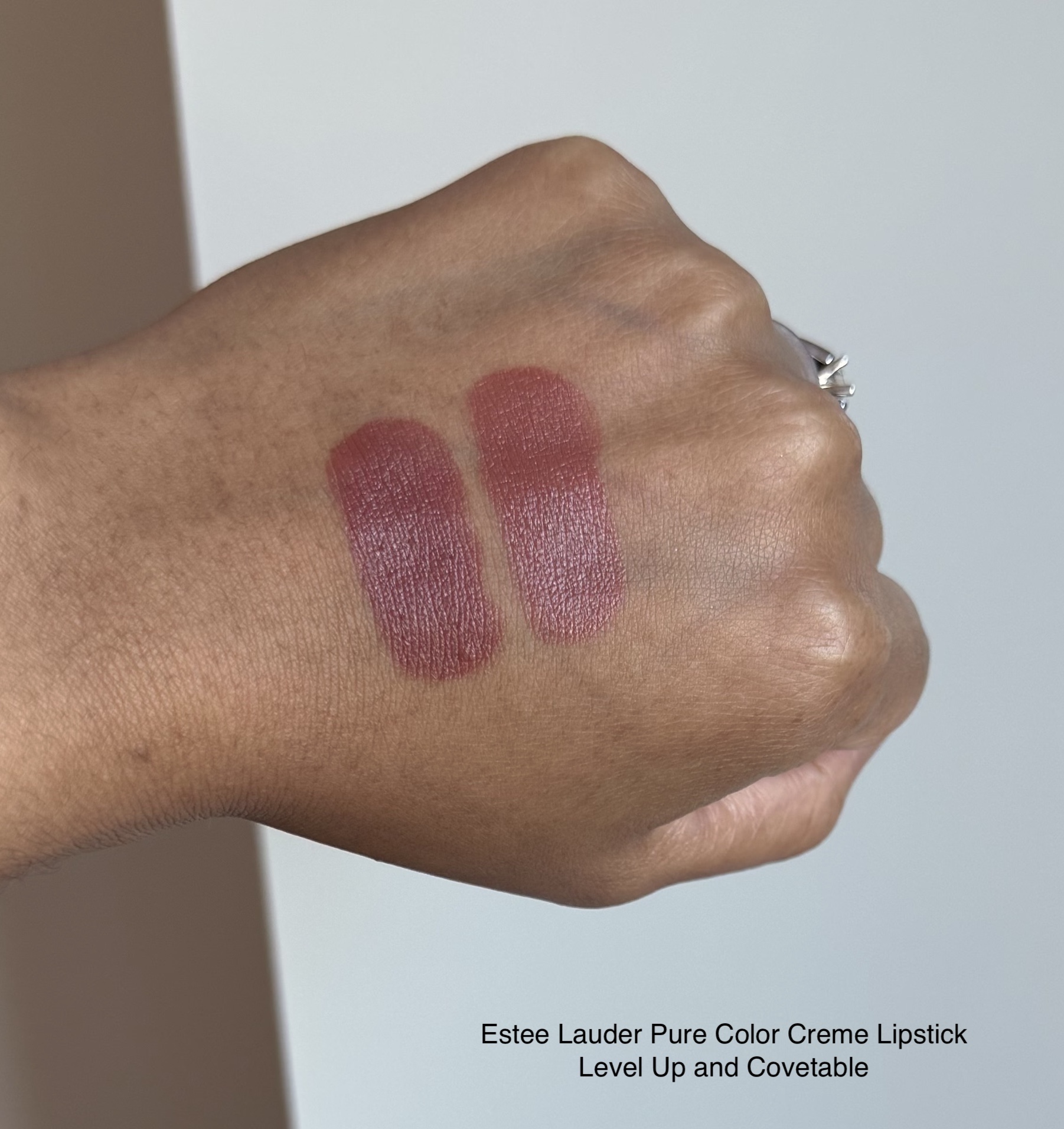 Estee Lauder Pure Color Creme Lipstick Level Up and Covetable Swatches Medium Dark Skin