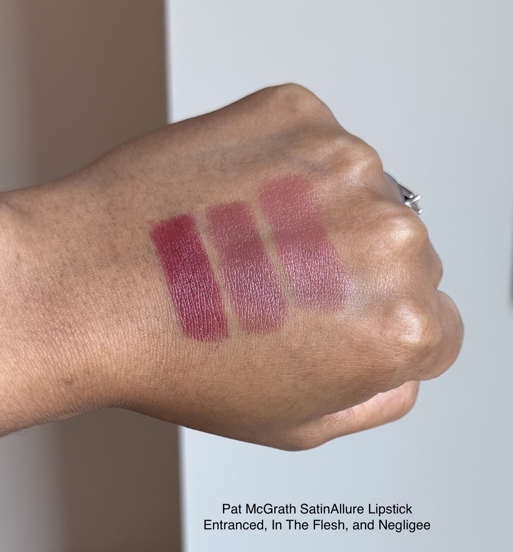 Pat McGrath SatinAllure Lipsticks Entranced, In The Flesh, and Negligee Swatches Medium Dark Skin