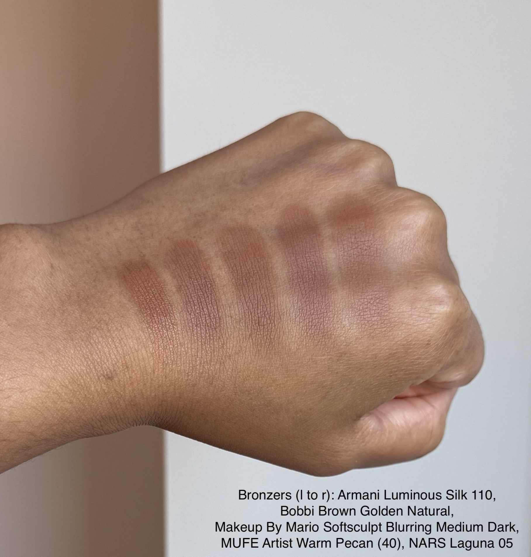 Makeup By Mario Softsculpt Blurring Bronzer Medium Dark Comparison Swatches (Armani 110, Bobbi Brown Golden Natural, MUFE Warm Pecan, and NARS Laguna 05)