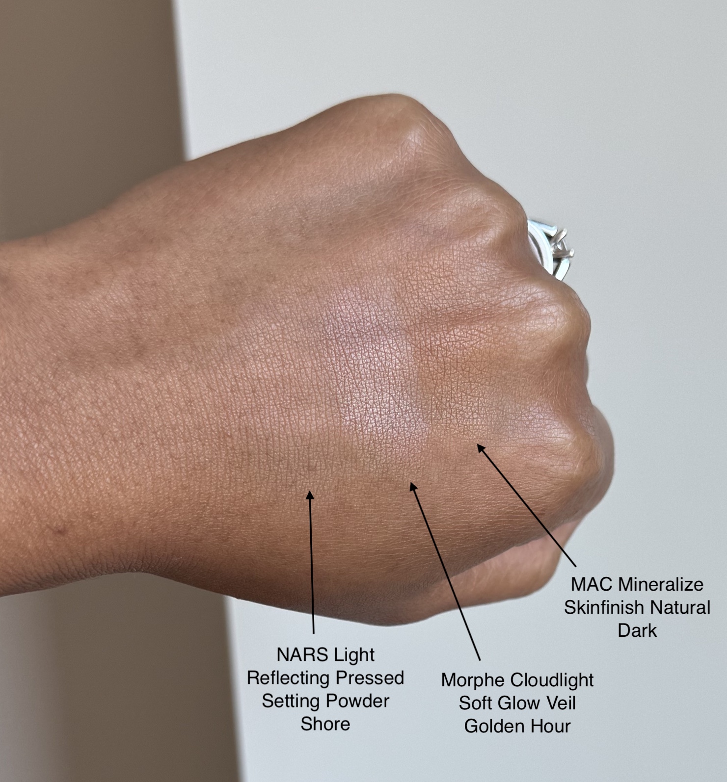 NARS Light Reflecting Pressed Powder (shore), Morphe Cloudlight Soft Glow Veil (golden hour), and MAC Mineralize Skinfinish Natural (dark) Swatches Dupes