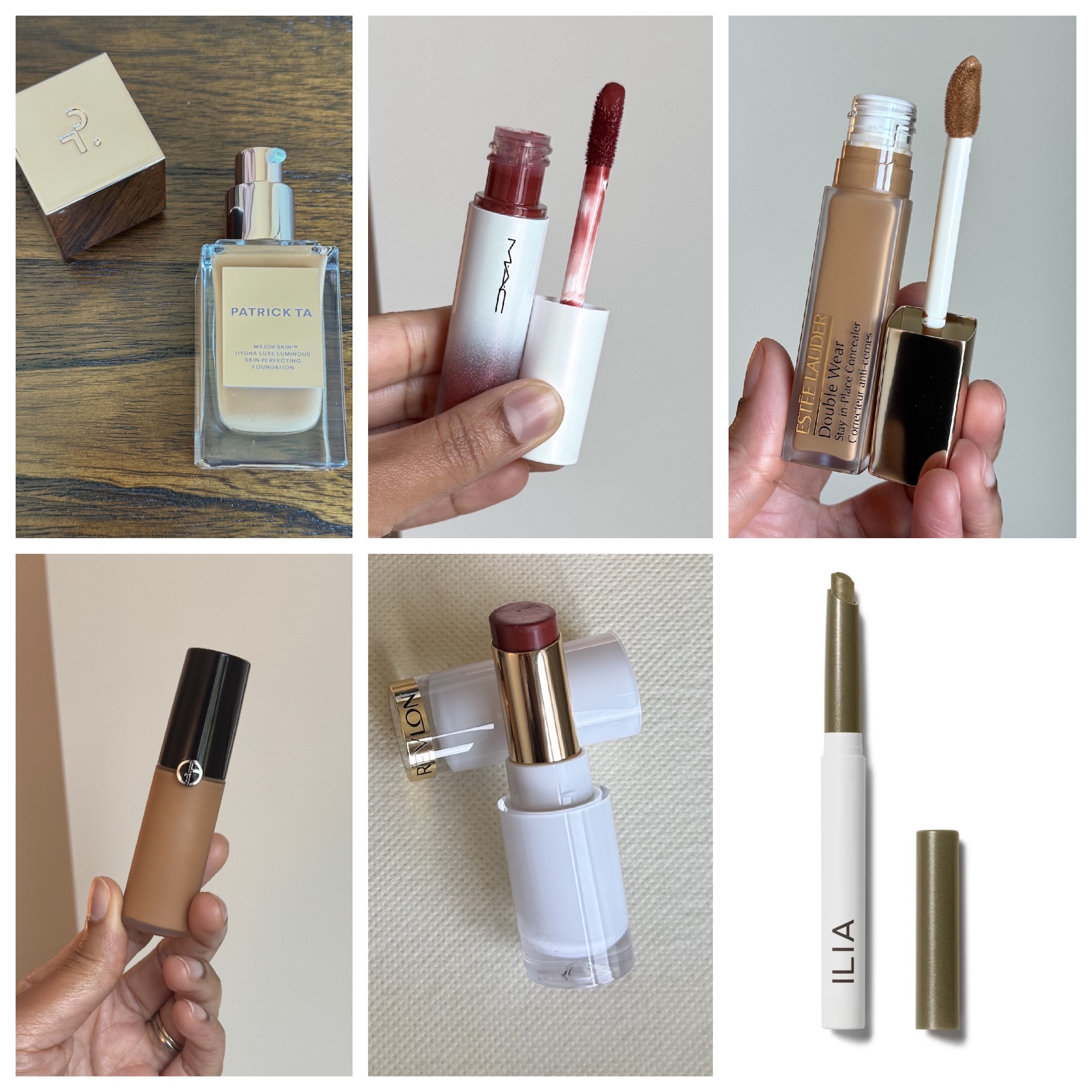 Patrick Ta Hydra Luxe Luminous Foundation 18 Golden Neutral, MAC Strobe Beam Liquid Blush Unsweetened, Estee Lauder Double Wear Concealer 5W, Armani Luminous Silk Concealer 8.75, Revlon Glass Shine Lipstick Spiced Wine, Ilia Eye Stylus Shadow Stick Patina Swatches
