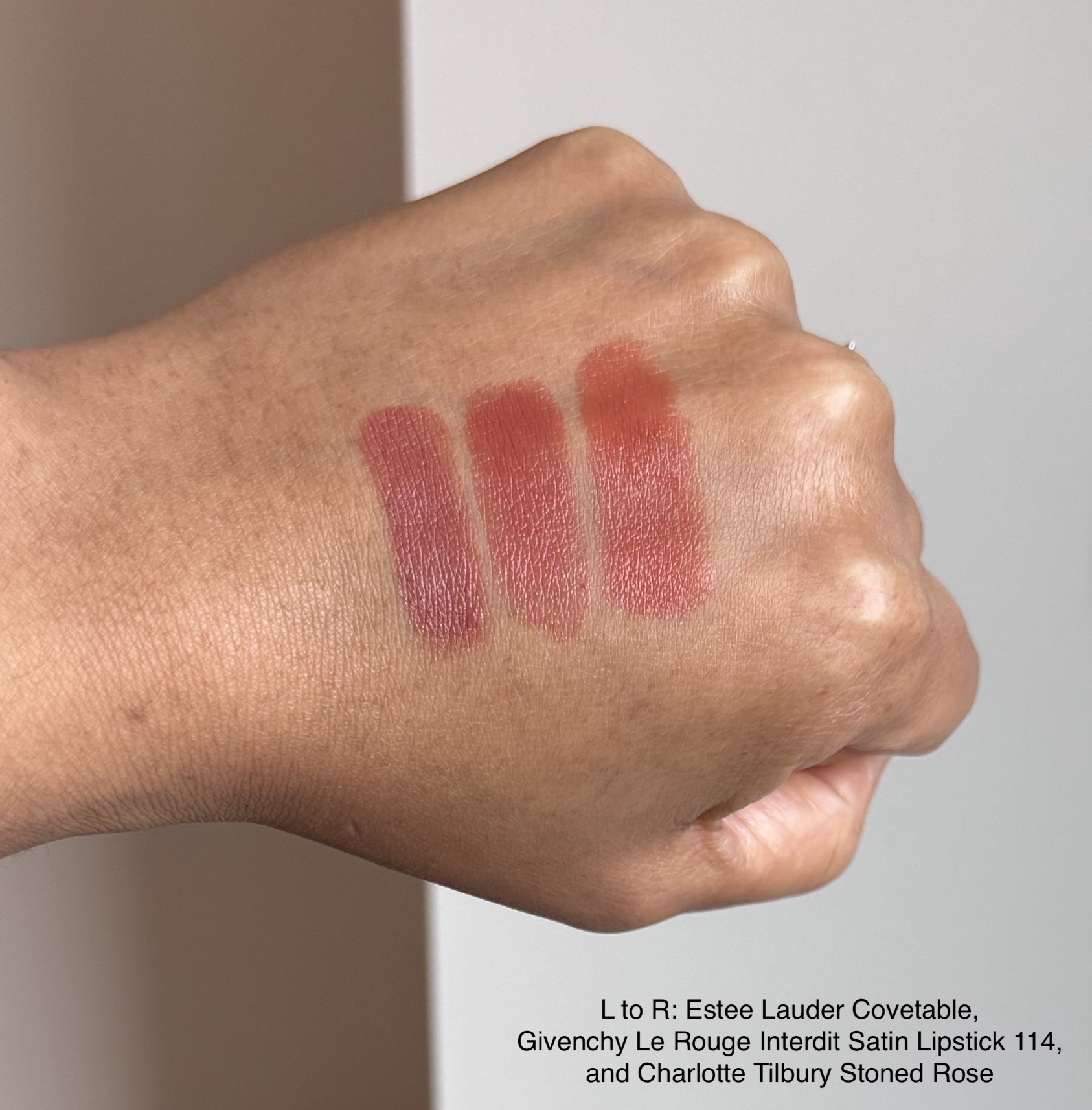 Estee Lauder Covetable, Givenchy Le Rouge Interdit Satin 114, and Charlotte Tilbury Stoned Rose Lipstick Swatches Medium Dark Skin