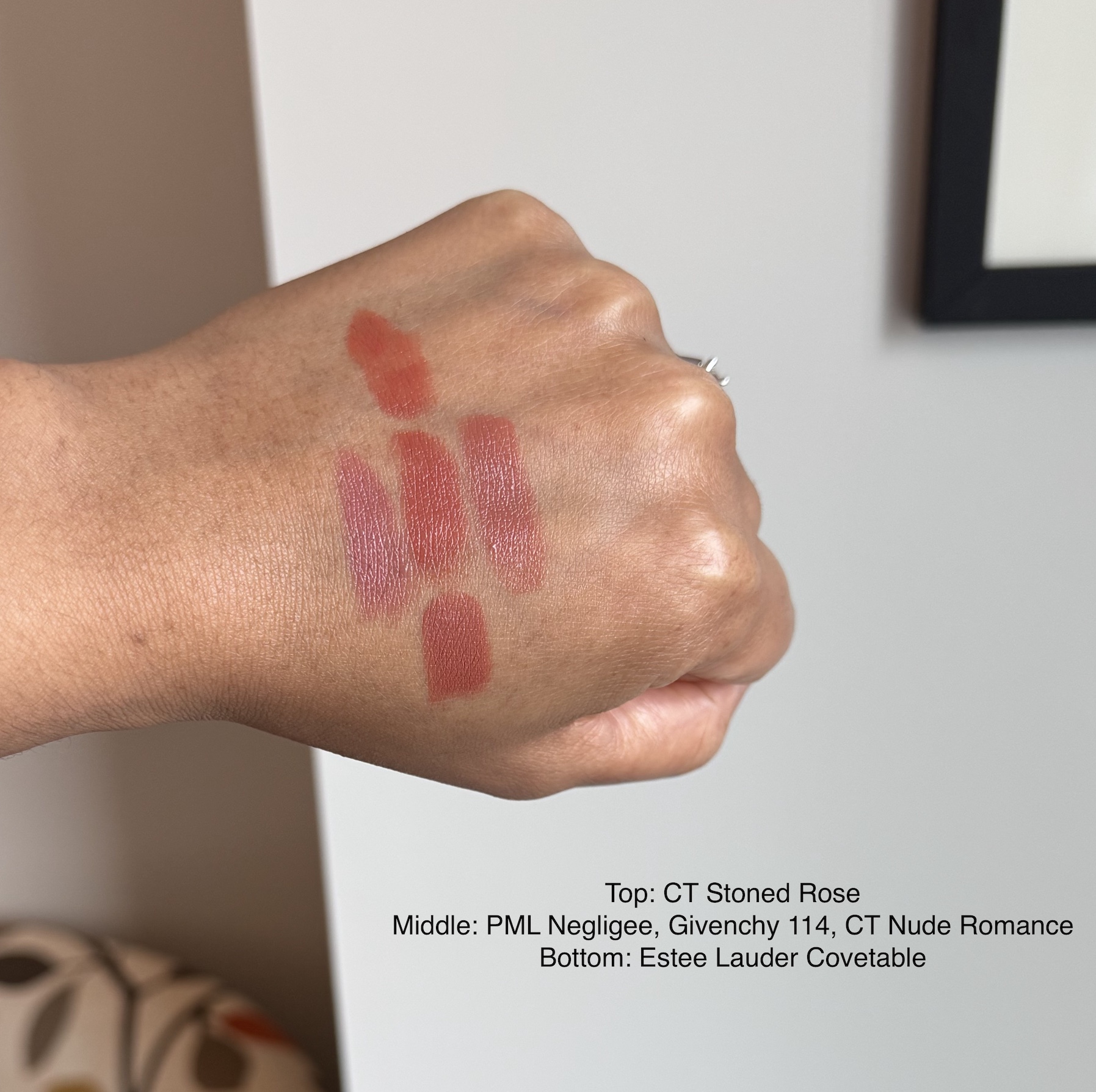 Givenchy Le Rouge Interdit Satin Lipstick 114, Estee Lauder Covetable, Charlotte Tilbury Nude Romance, Charlotte Tilbury Stoned Rose, and Pat McGrath Negligee Swatches