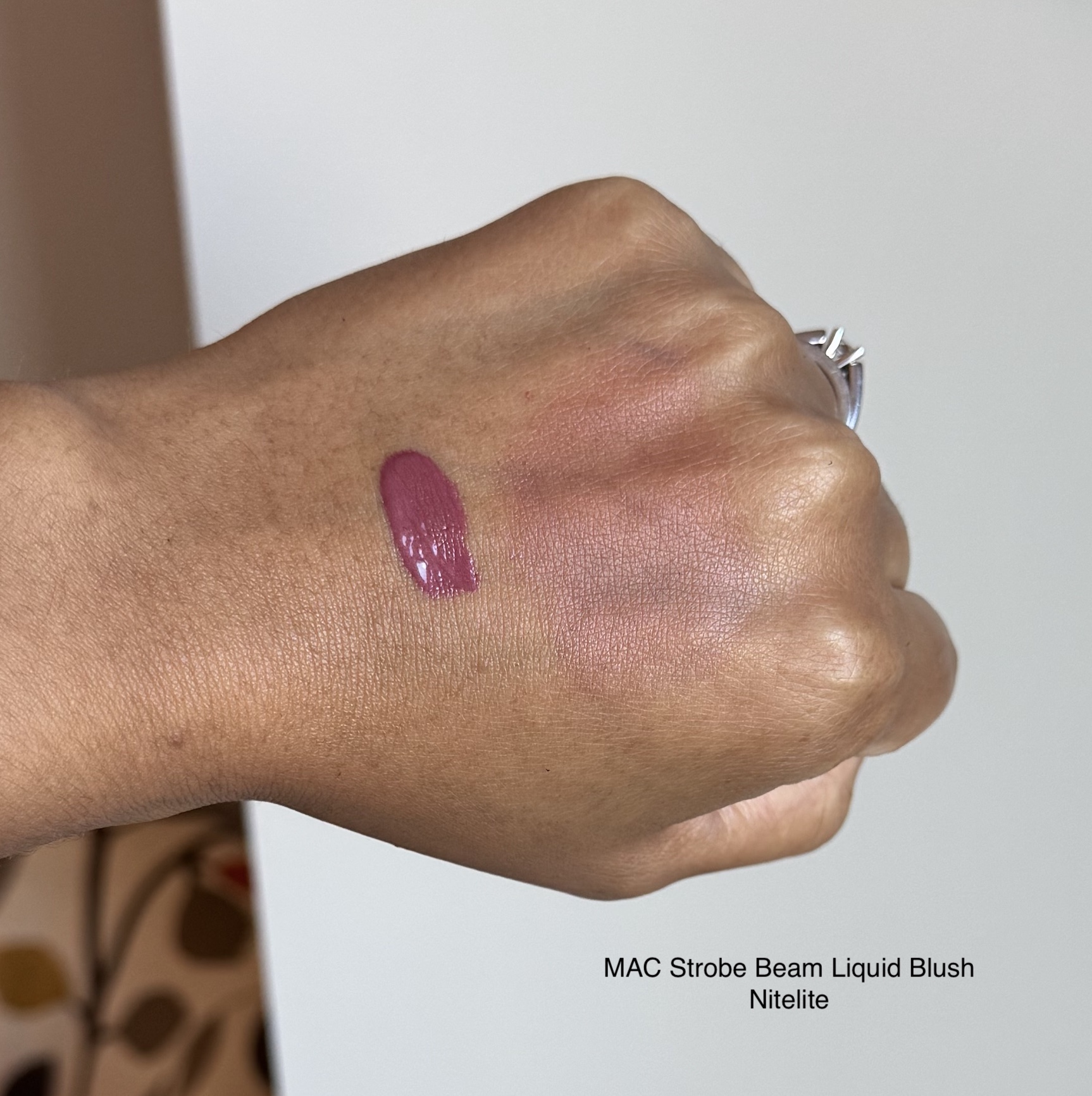 MAC Strobe Beam Liquid Blush Nitelite Swatch Medium Dark Skin