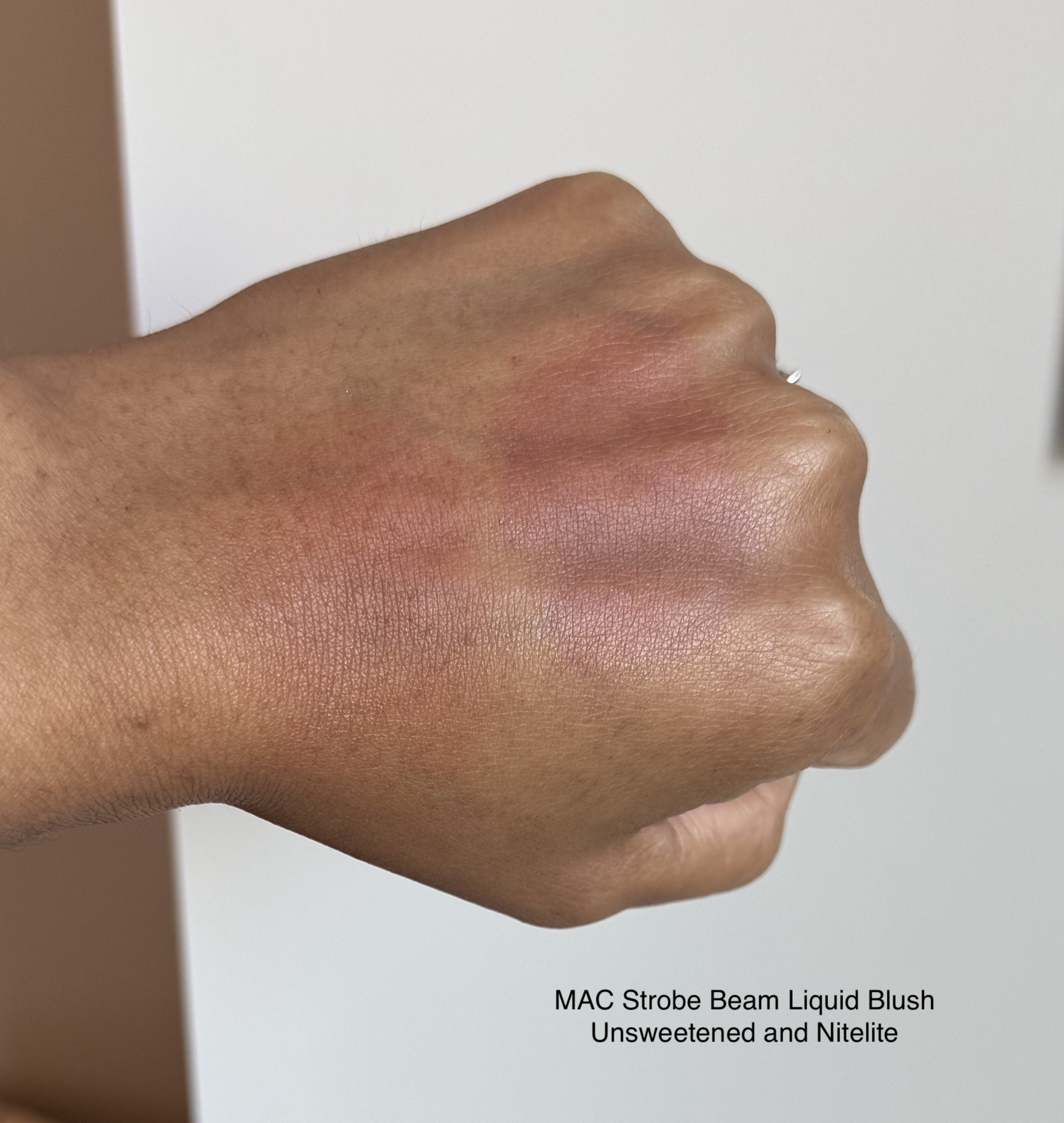 MAC Strobe Beam Liquid Blush Unsweetened and Nitelite Swatches Medium Dark Skin