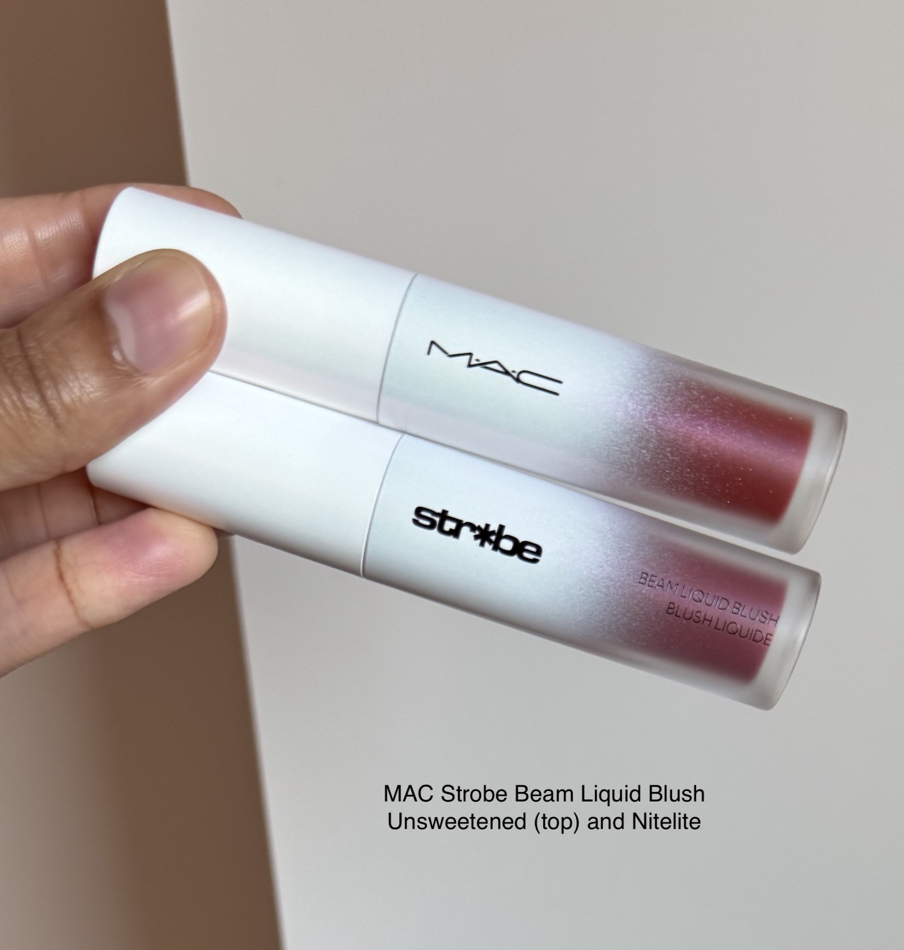 MAC Strobe Beam Liquid Blush Unsweetened and Nitelite Review and Swatches