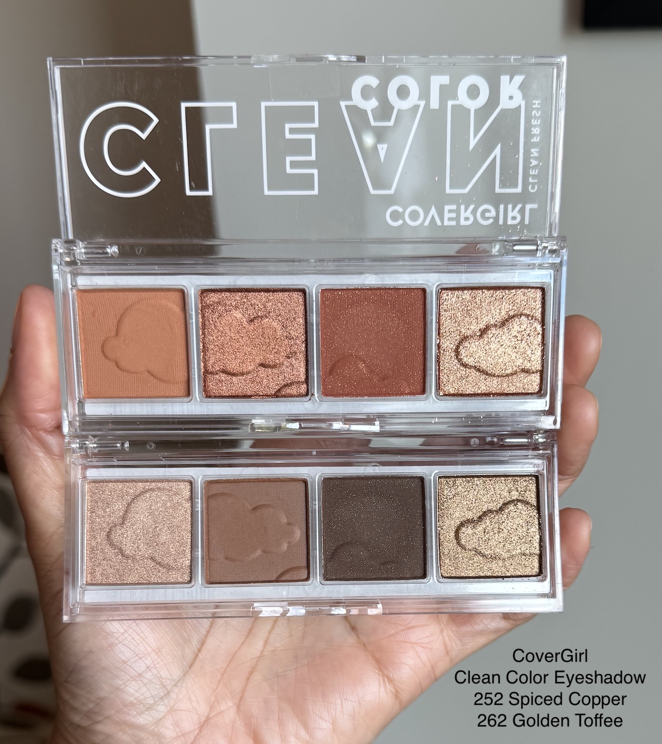 CoverGirl Clean Color Eyeshadows 252 Spiced Copper and 262 Golden Toffee Review Swatches Medium Dark Skin