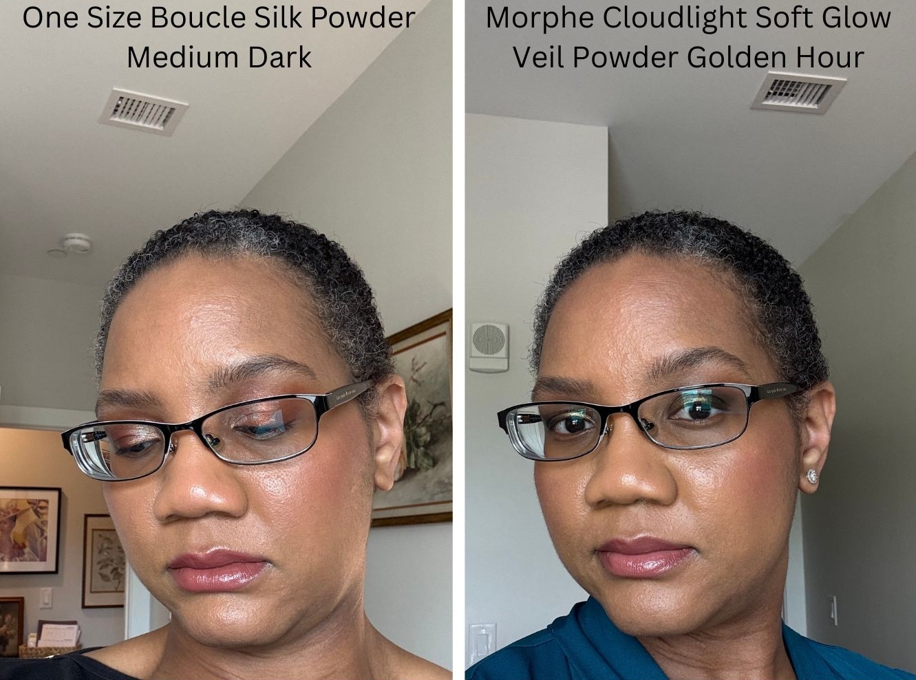 One Size Boucle Silk Airbrushed Talc-Free Finishing Powder Medium Dark vs Morphe Cloudlight Soft Glow Veil Powder Golden Hour