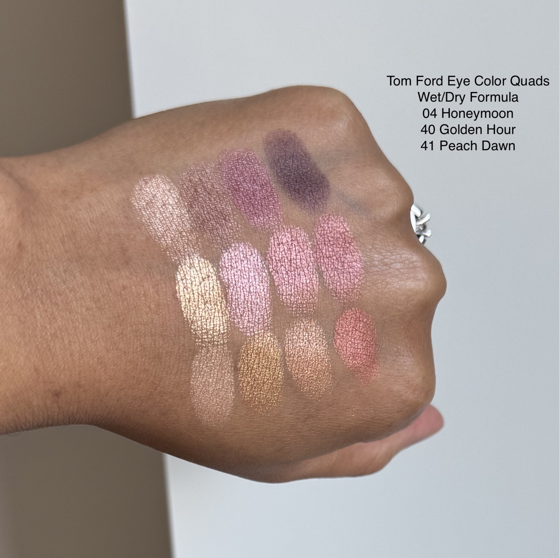 Tom Ford Eye Color Quad Eyeshadows Honeymoon, Golden Hour, Peach Dawn Swatches Medium Dark Skin woc