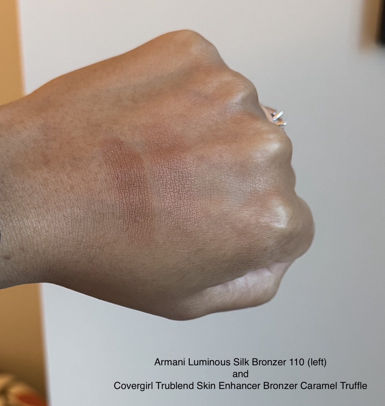 CoverGirl TruBlend Skin Enhancer Baked Luminous Bronzer (Caramel Truffle 320) and Armani Luminous Silk Bronzer 110 Swatches Medium Dark Skin