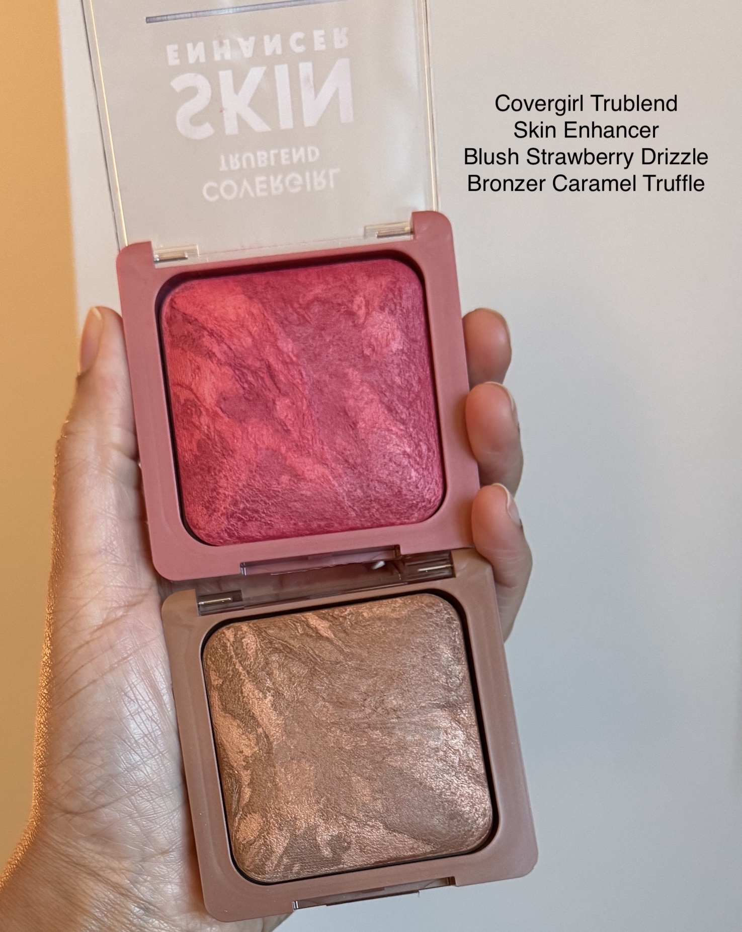 CoverGirl TruBlend Skin Enhancer Baked Luminous Blush (Strawberry Drizzle 420) and Bronzer (Caramel Truffle 320) Swatches Medium Dark Skin