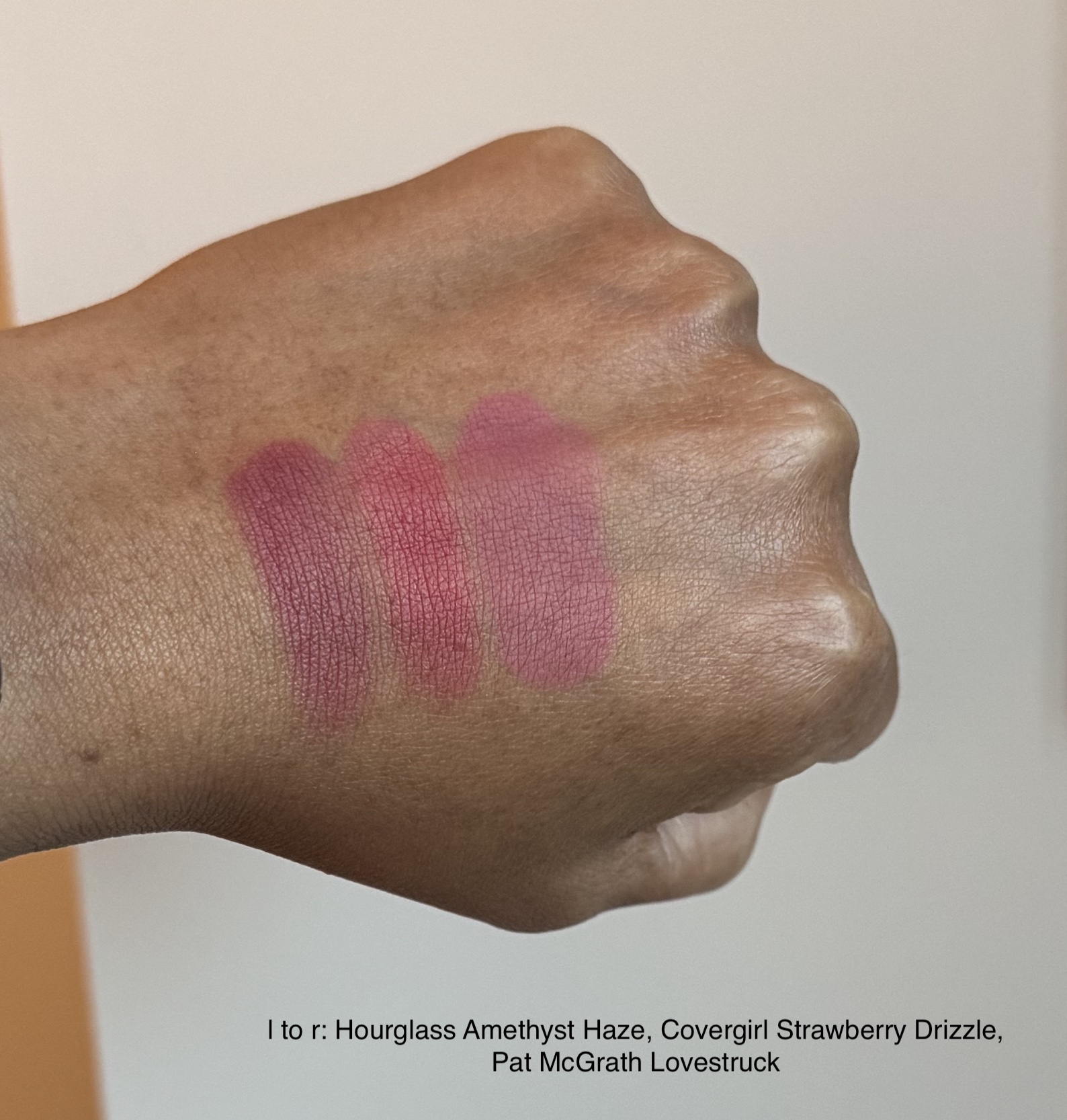 Hourglass Amethyst Haze (Fox Palette), CoverGirl Strawberry Drizzle, and Pat McGrath Lovestruck Blushes Swatches Medium Dark Skin