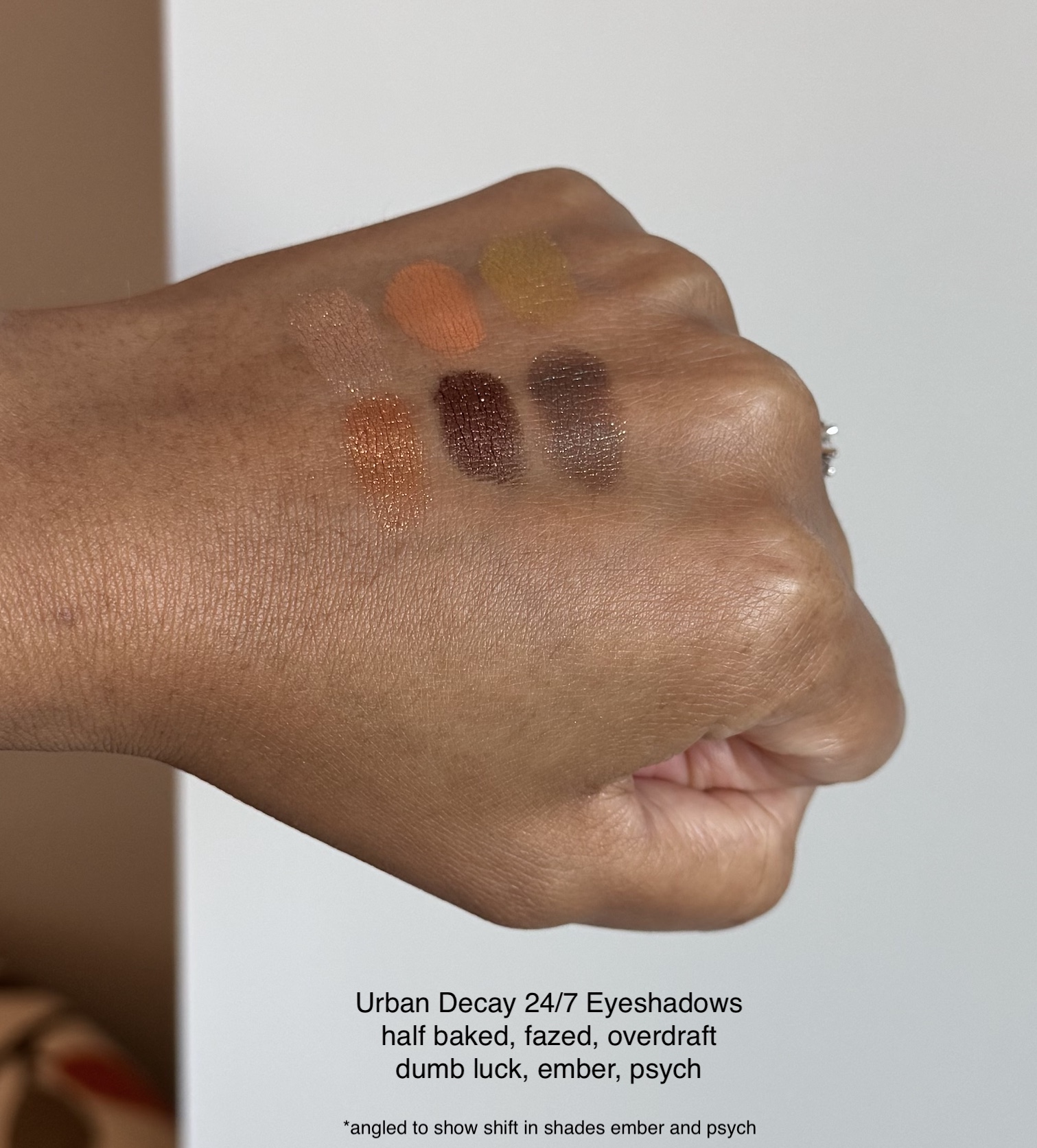 Urban Decay 24/7 Eyeshadows (Half Baked, Fazed, Overdraft, Dumb Luck, Ember, Psych) Swatches Medium Dark Skin